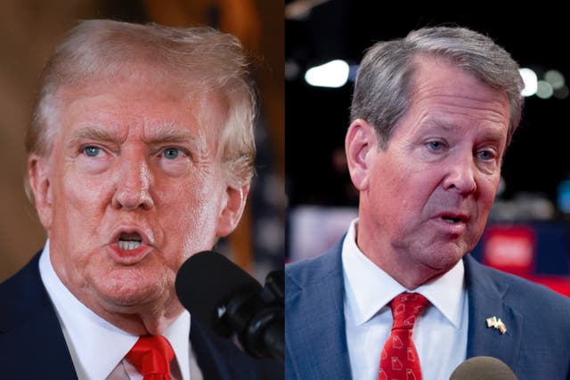 <p>Donald Trump and Brian Kemp (right). The former president’s relationship with the governor went sour after the 2020 election </p>