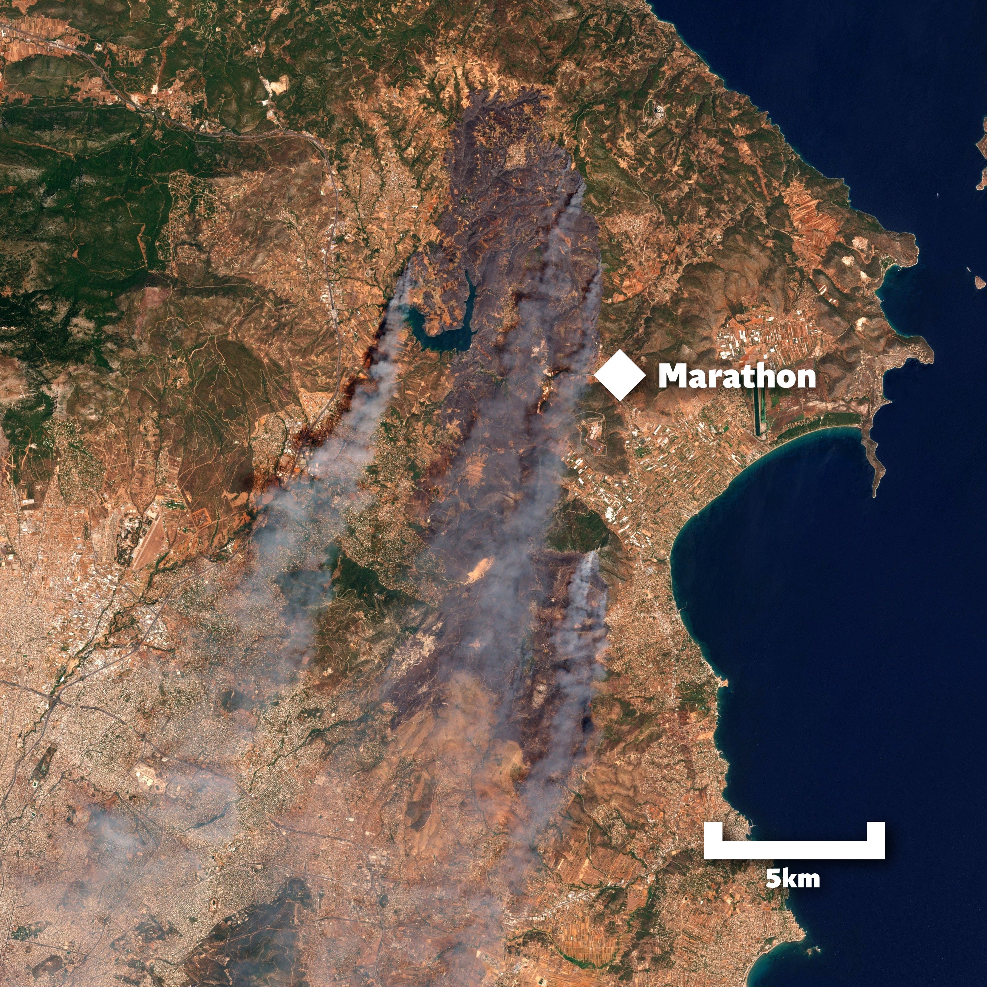 Map showing fire near Athens in Greece