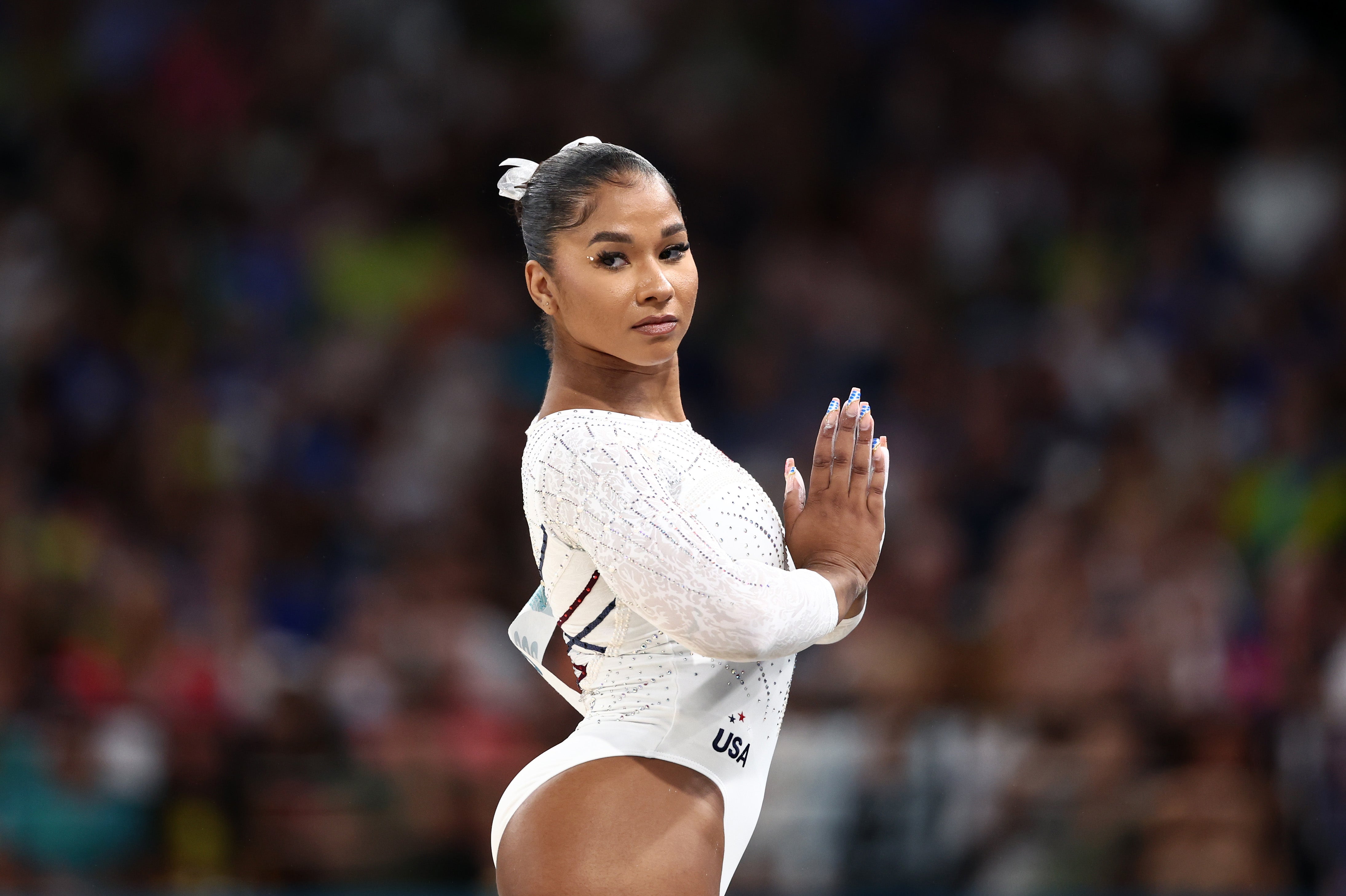 Jordan Chiles competing in the Artistic Gymnastics Women's Floor Exercise Final on August 5