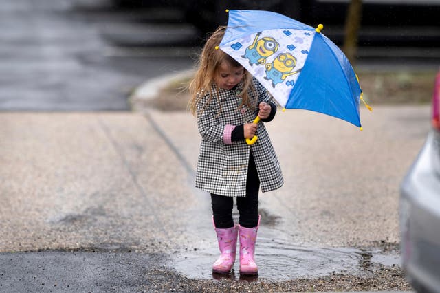 <p>Kennedy Shoemaker, 2, of Simi Valley, tries out her rain gear on a puddle at the Ronald Reagan Presidential Library in California on February 19, 2024. The Farmers’ Almanac predicts a a wet winter in 2024-2025 for much of the US</p>