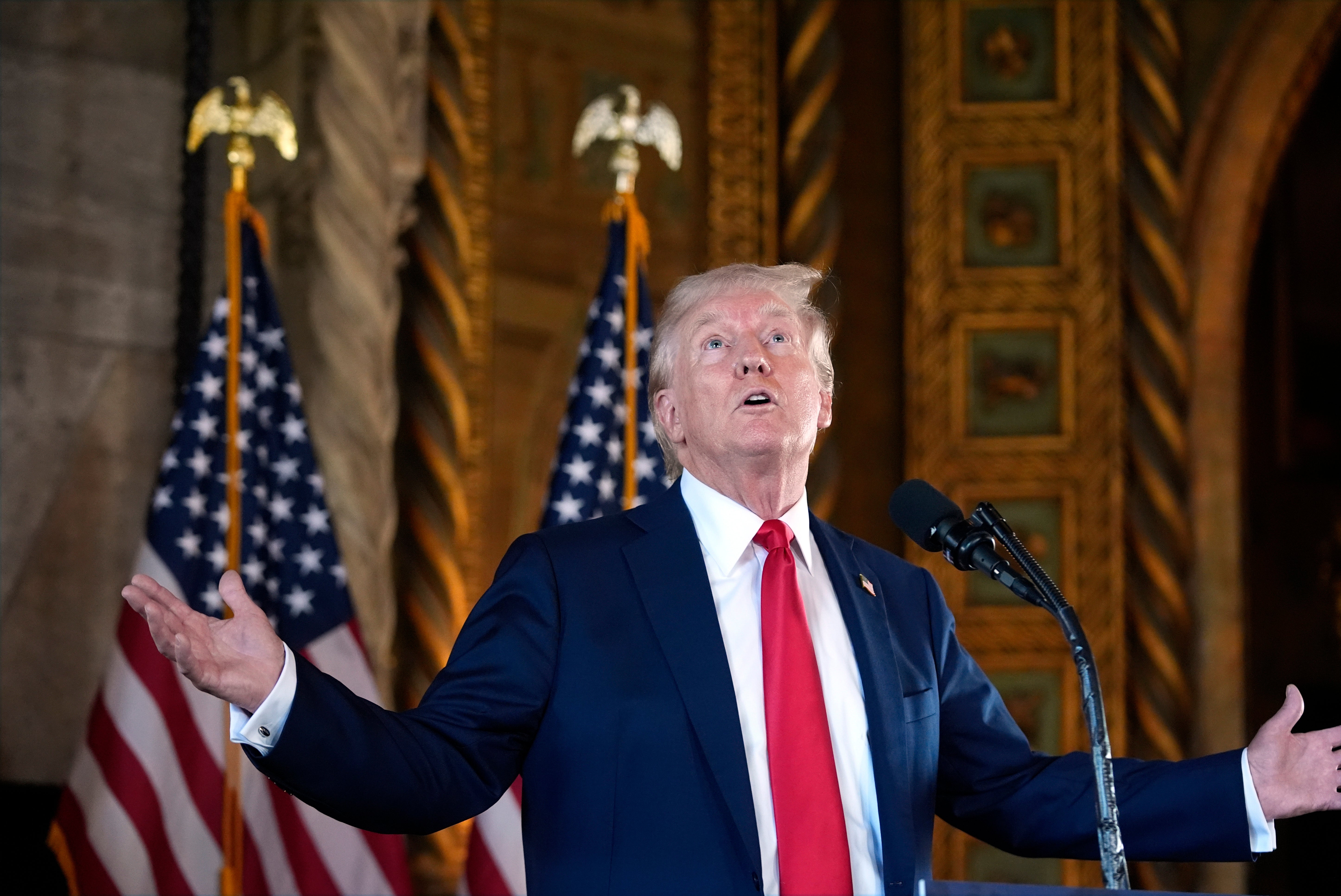 Donald Trump gives a news conference at Mar-a-Lago in Florida. He called a question about why he wasn’t campaigning more ‘stupid’