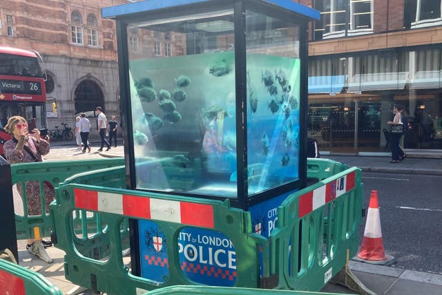 <p>A new design of swimming fish by Banksy, which appeared on a police box in the City of London (Emily Pennink/PA)</p>