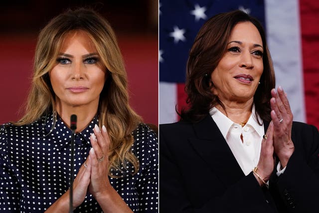 <p>Trump comparó a la vicepresidenta Kamala Harris (derecha) con la ex primera dama Melania Trump (izquierda) </p>