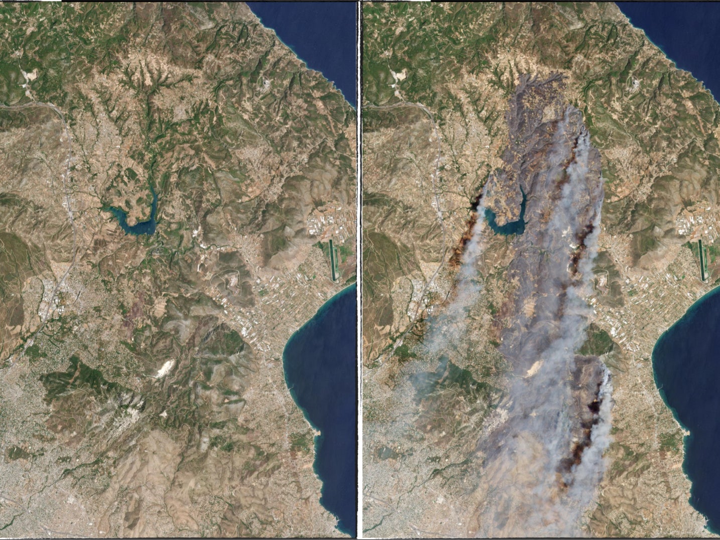 Ein Satellitenbild zeigt Ostattika, das von dichtem Rauch bedeckt ist, während in Griechenland weiterhin Waldbrände brennen