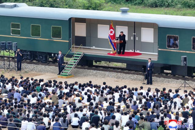 <p>Kim Jong-un addressed people from his armoured train</p>