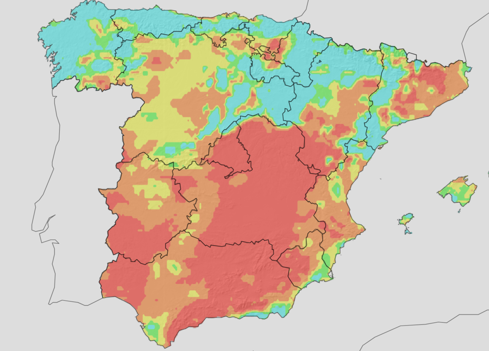 Extreme risk: Map shows a red alert for fires in much of Spain