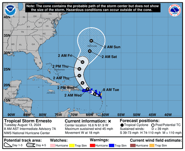 <p>A map of Tropical Storm Ernesto’s predicted path as of Tuesday morning. The storm will likely strengthen to a hurricane by Thursday on its way to Bermuda</p>