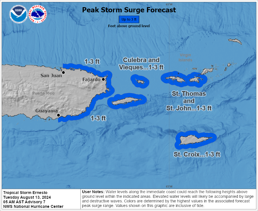 A map of Tropical Storm Ernesto’s storm surge forecast. Puerto Rico could see up to three feet of storm surge as the system passes by