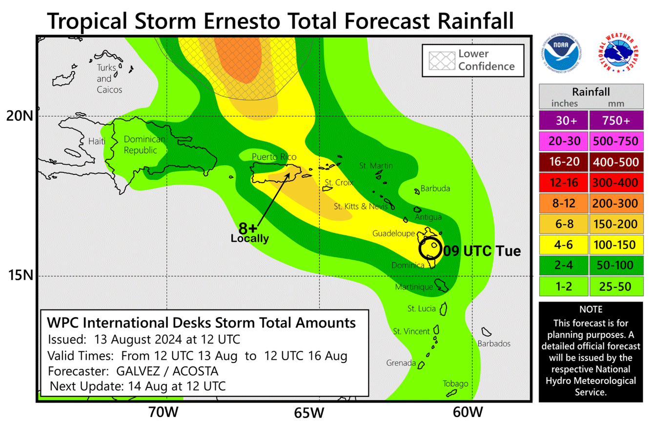 Forecasted rainfall totals for Tropical Storm Ernesto on Tuesday. The downpour will likely trigger destructive mudslides, officials warn