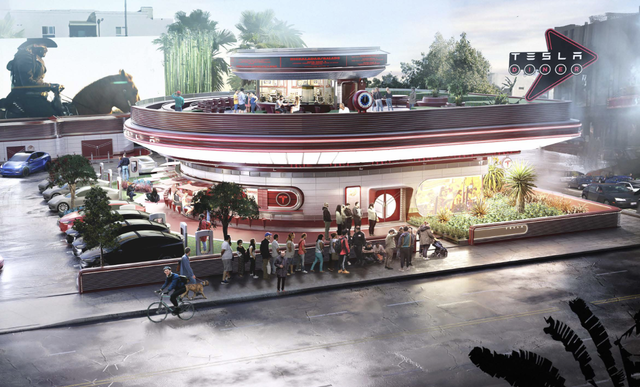 <p>Renderings of a proposed diner being built at a Tesla charging station in Los Angeles</p>