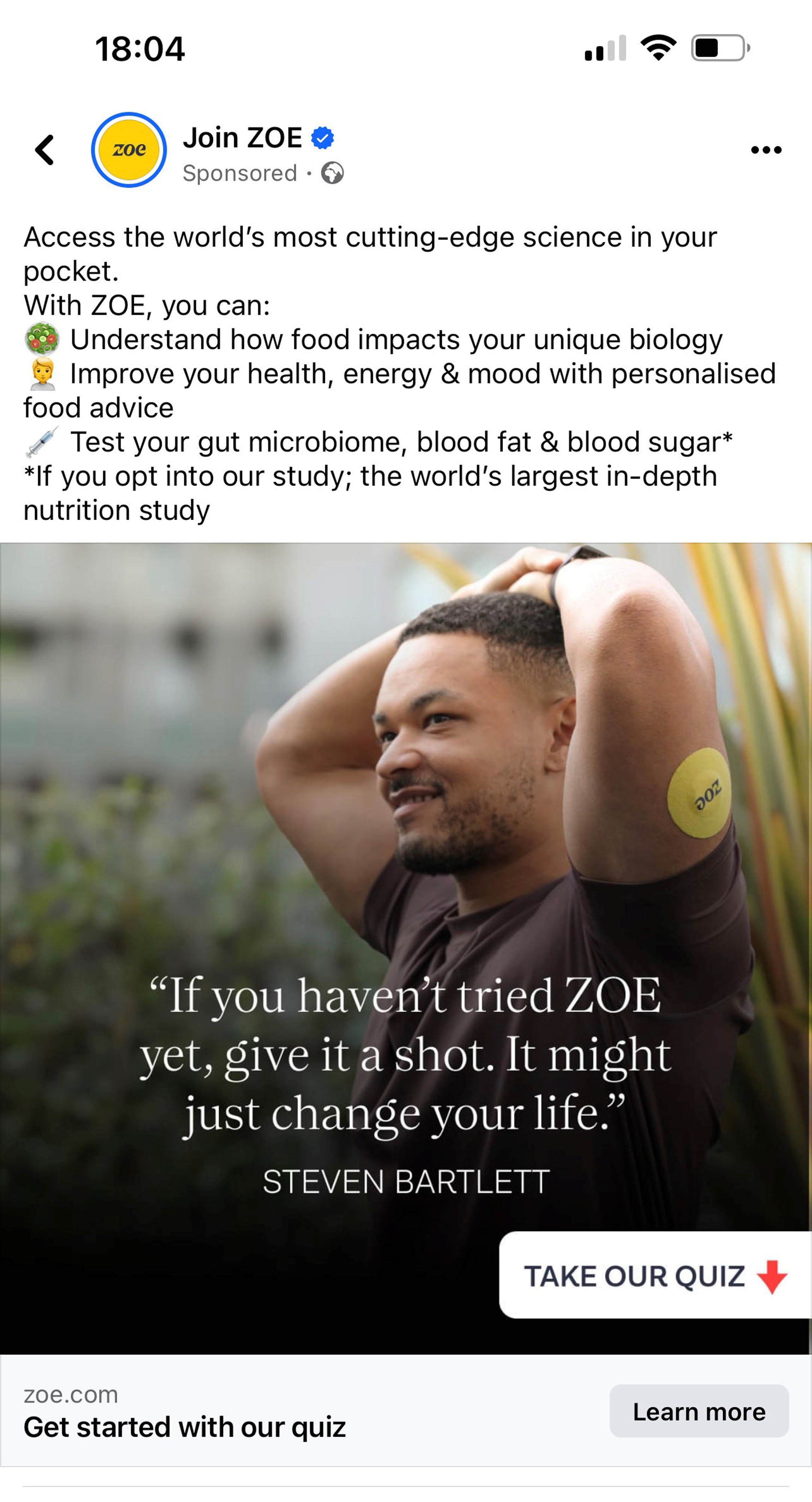 Undated handout image issued by the Advertising Standards Authority (ASA) of an advert for nutrition brand Zoe featuring Dragons’ Den star Steven Bartlett. (Advertising Standards Authority/PA Wire)