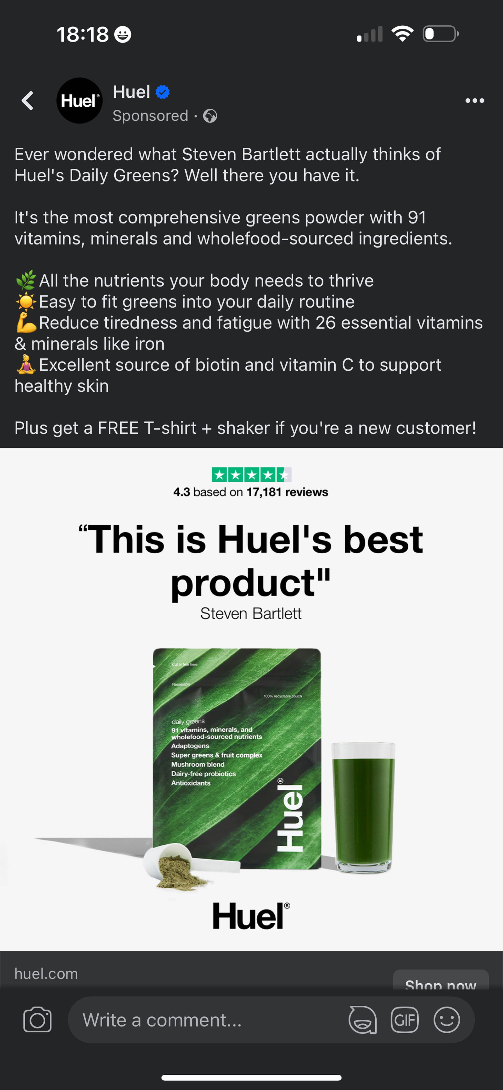 Undated handout image issued by the ASA of the ad for Huel featuring Bartlett. (ASA/PA Wire)