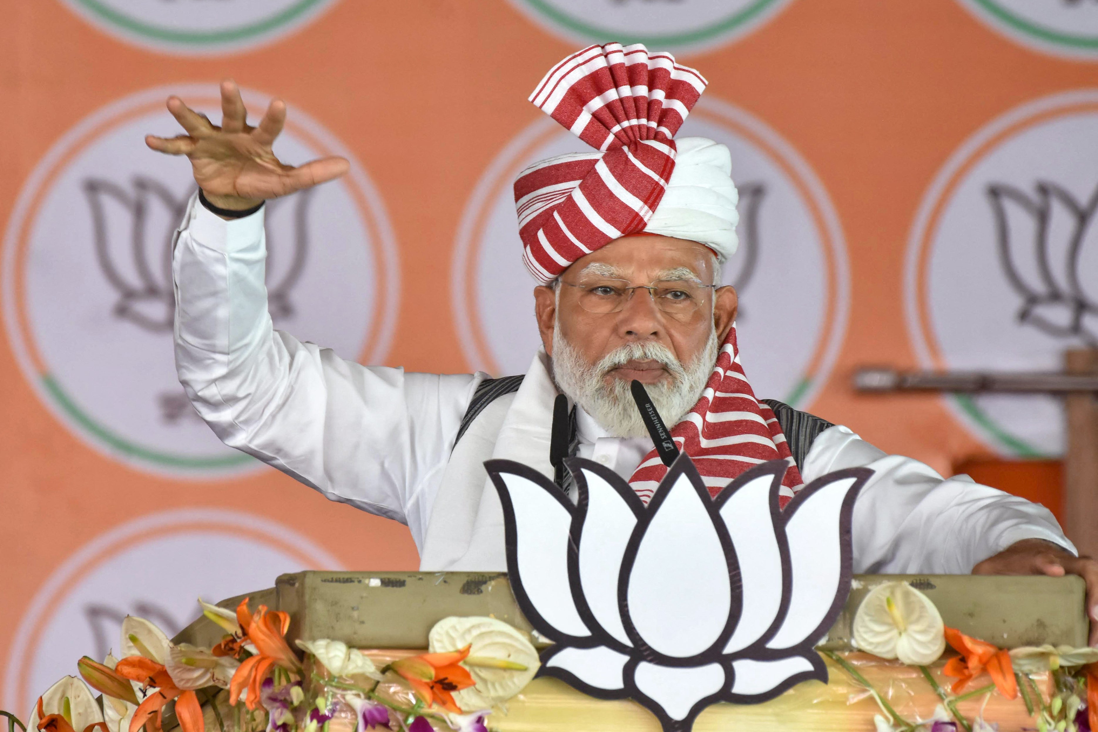 Narendra Modi gestures during an election campaign rally in Gumla district, in India’s Jharkhand state on 4 May