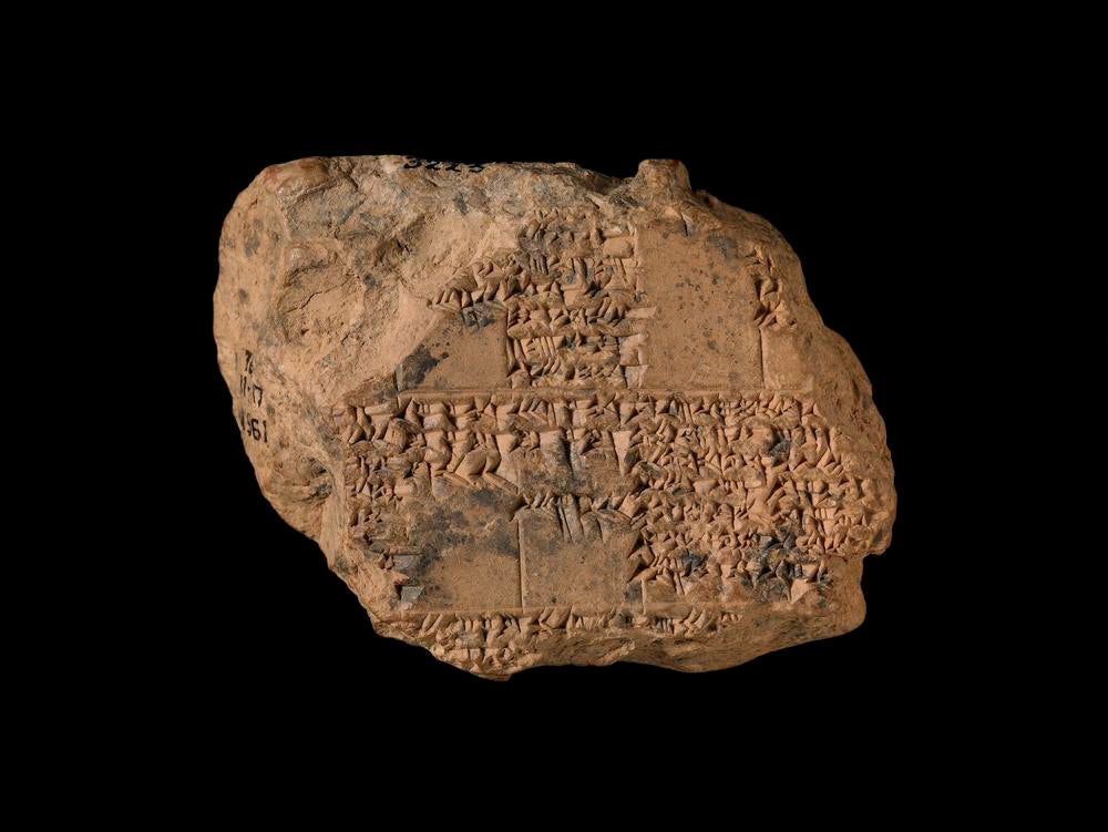 Clay cuneiform tablet with lunar eclipse table for 609-447 BC