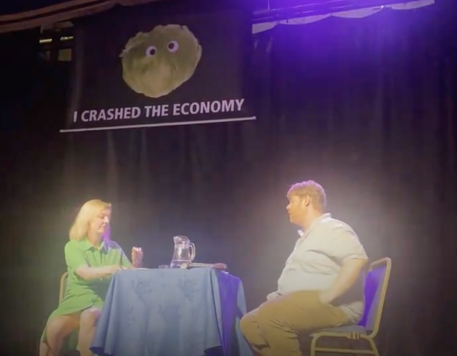 <p>Liz Truss interrupted by ‘I crashed the economy’ lettuce banner</p>