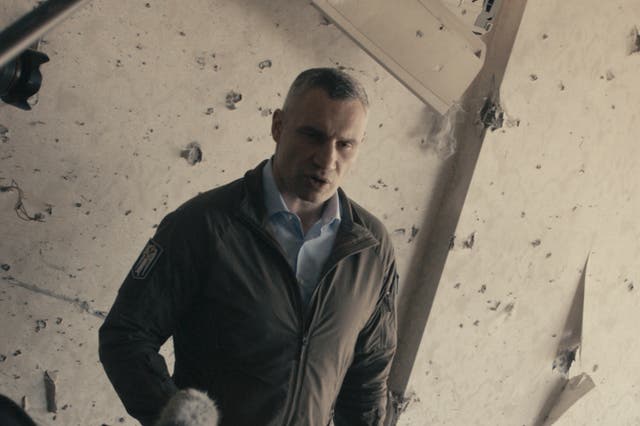 <p>Vitali Klitschko at the scene of a Russian airstrike, in the documentary ‘Klitschko: More Than a Fight’</p>