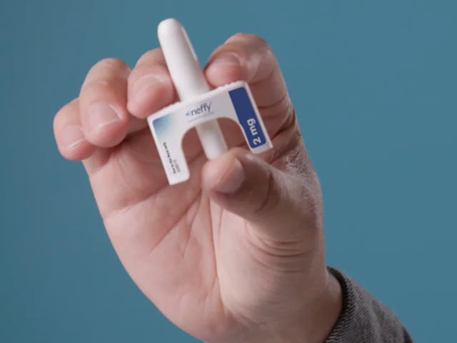 <p>The FDA approved Neffy, the first nasal epinephrine drug for treating severe allergies, pictured here in a screenshot from a company video (ARS Pharmaceuticals)</p>