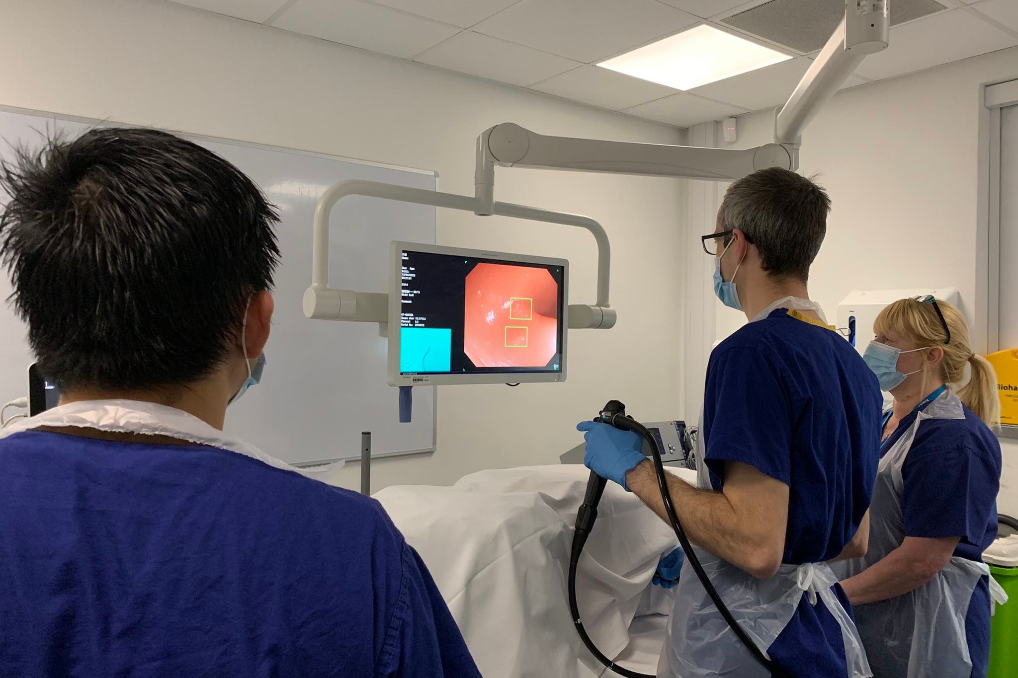 GI Genuis in use as part of a training session. The AI-powered device alerts medics to potential polyps on the bowel in real time.