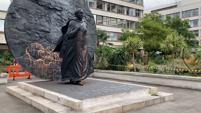 <p>The statue honouring Mary Seacole outside St Thomas’ Hospital in south London covered in grafitti in ‘racially motivated’ attack</p>