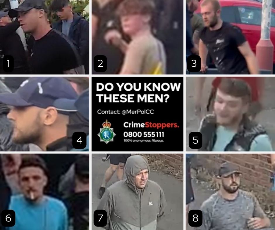 Merseyside Police have released the following eight images of men wanted in connection with the riots