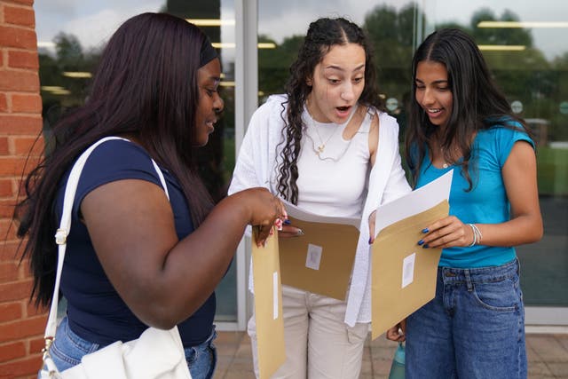 Aisha Sidime, Daleen Sherkawi and Orissa Mistry react as they receive their A-level results at Solihull School in the West Midlands (Jacob King/PA)