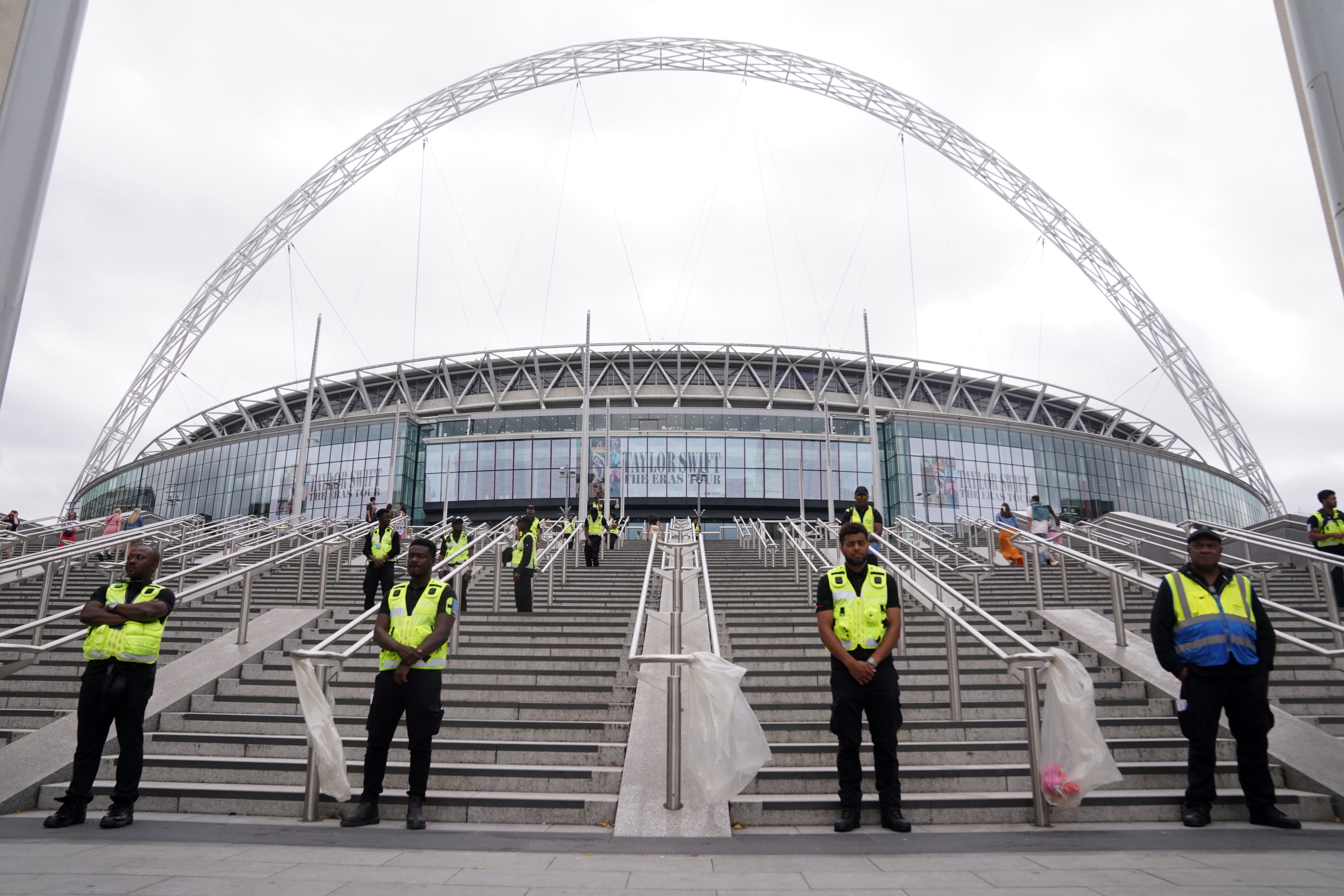 Security outside Wembley Stadium ahead of Taylor Swift’s latest Eras Tour concert at the venue (Lucy North/PA)