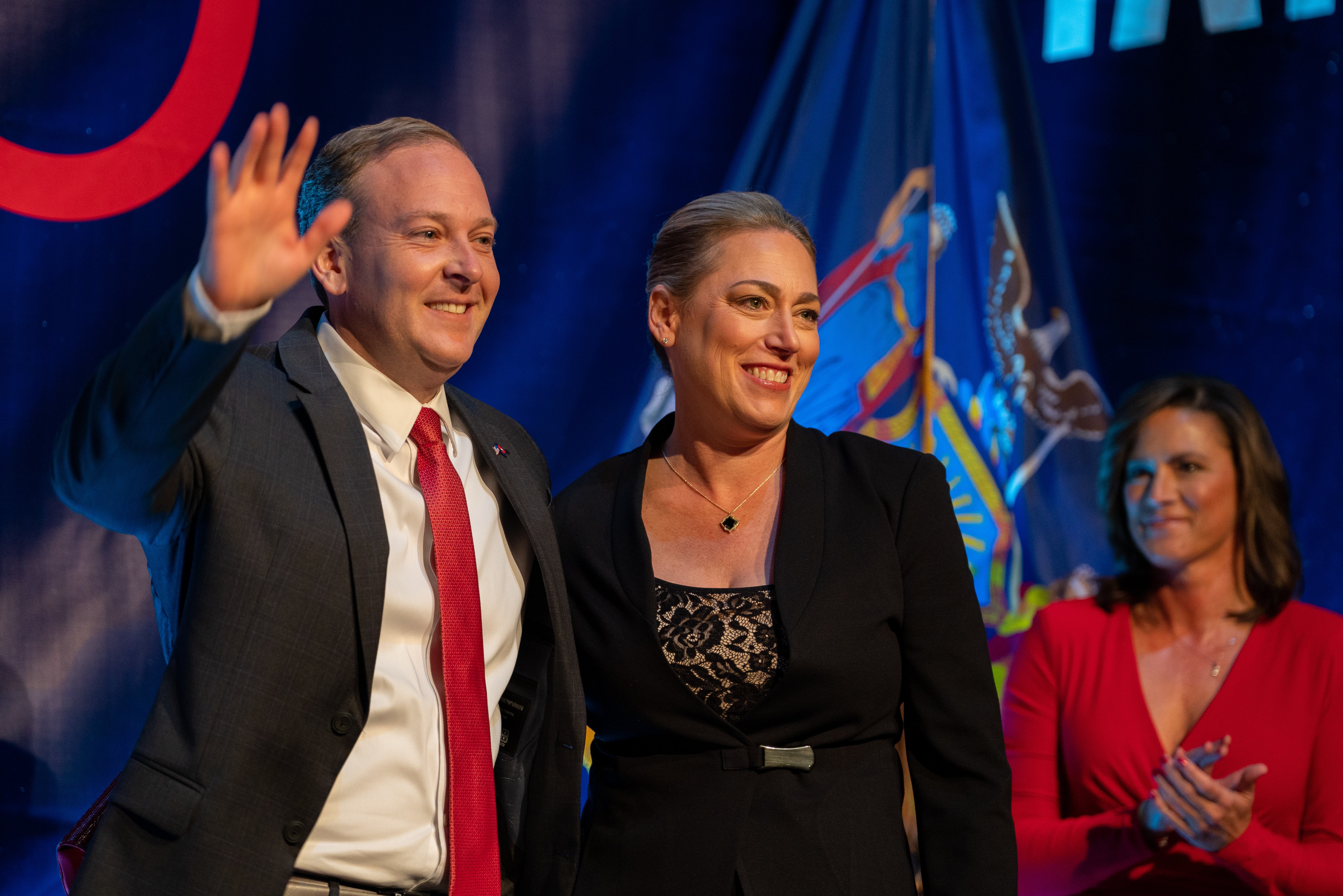 Alison Esposito (center) at an election night party on November 8, 2022 in New York City with running mate, Republican gubernatorial candidate Lee Zeldin. Her campaign has rejected claims she once detained an infant when she worked as a police officer