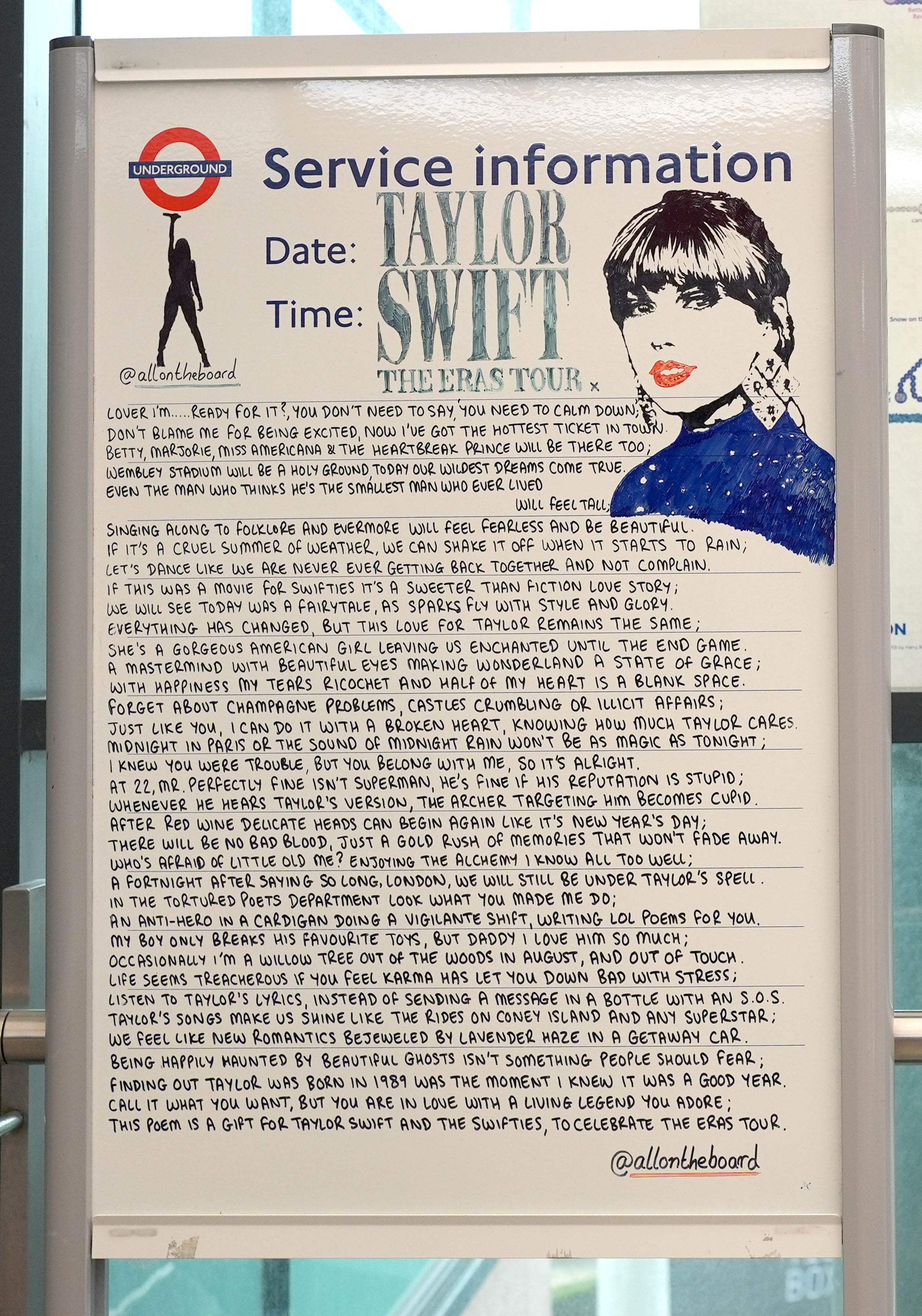 Wording on a Taylor Swift @allontheboard service information poster at Wembley Park station, north-west London (Yui Mok/PA)