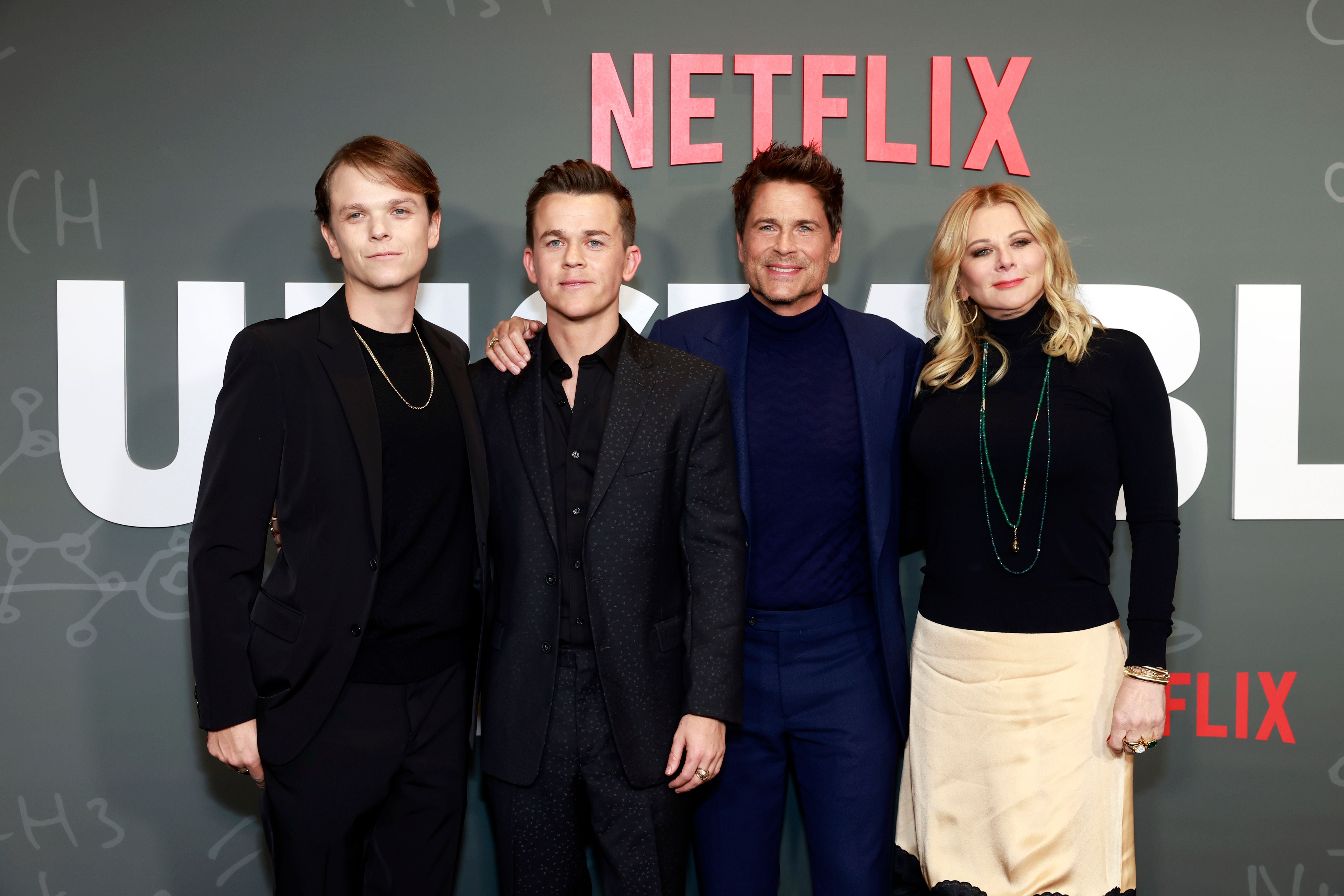 Actor Rob Lowe and wife Sheryl Berkoff attend LA premiere of Netflix’s ‘Unstable’ with sons Matthew Edward Lowe and John Owen Lowe