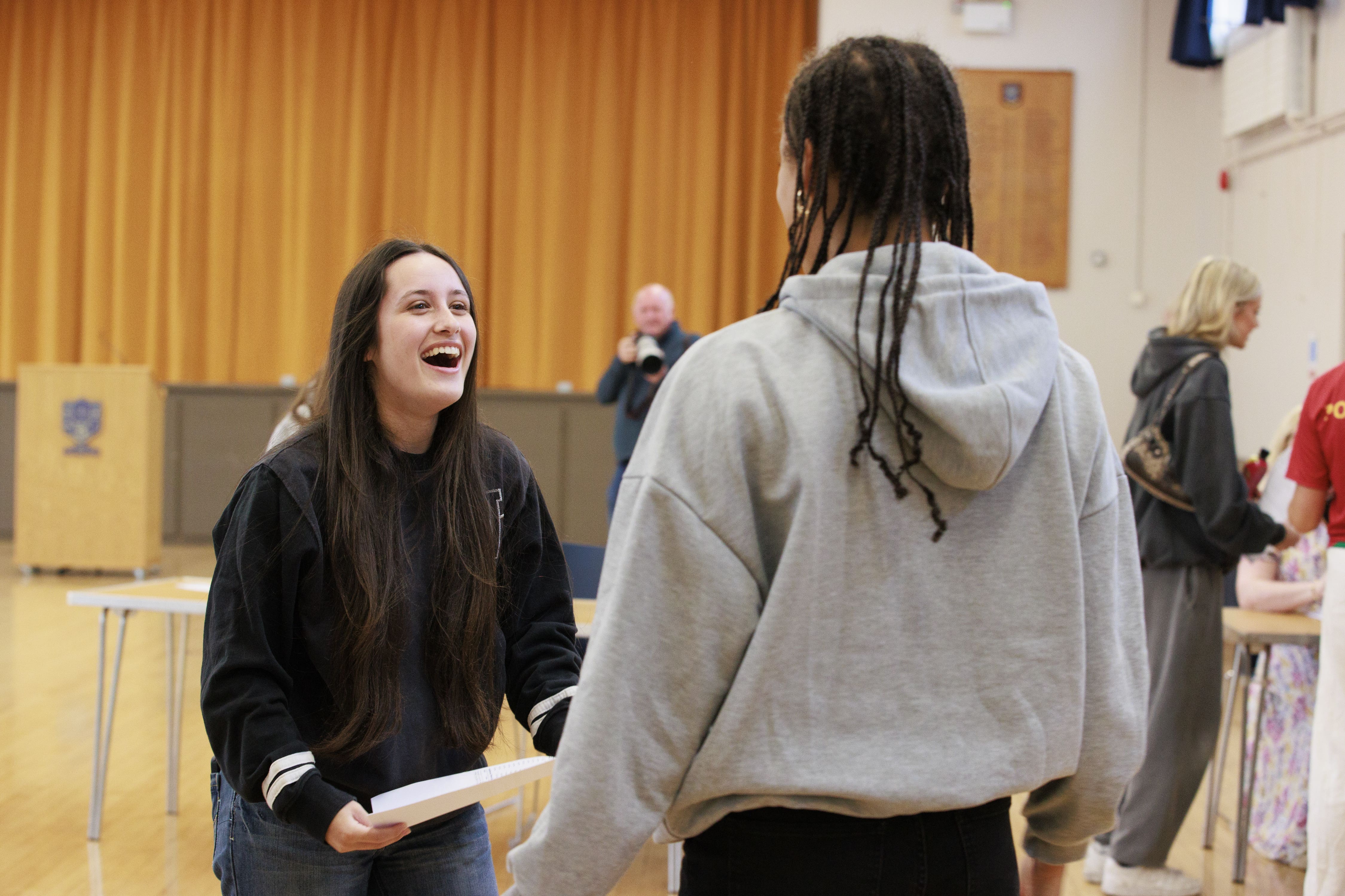 Ciara Wilson (left) and Leah Horan after receiving their A-level results at Belfast High School as they receive their A-level results (Liam McBurney/PA)