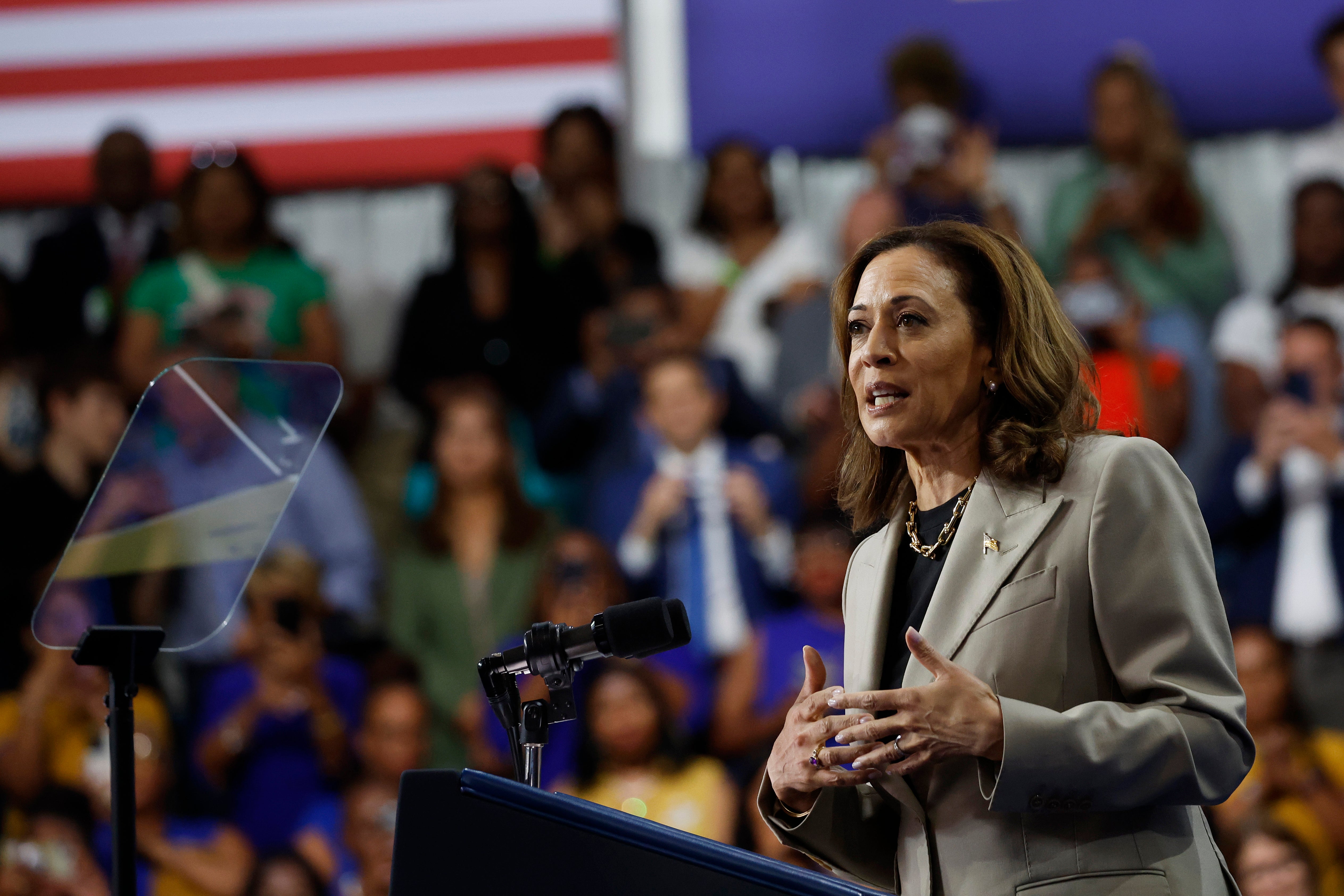 U.S. Vice President Kamala Harris gives remarks alongside U.S. President Joe Biden at Prince George’s Community College on August 15. Older voters are now backing her over Trump