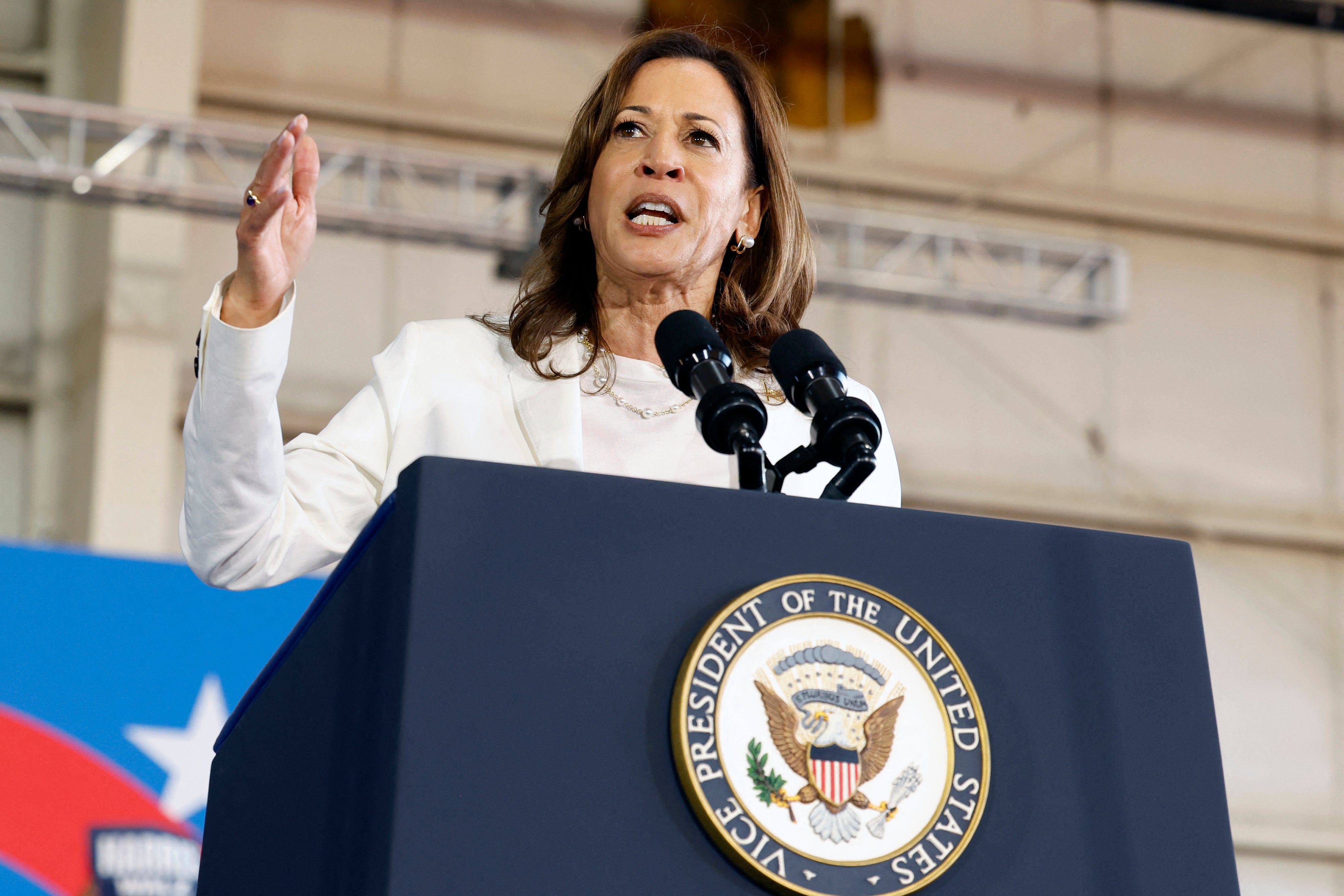 Democratic presidential candidate Kamala Harris addressing Pro-Palestine protesters that interrupted her Michigan rally on August 7