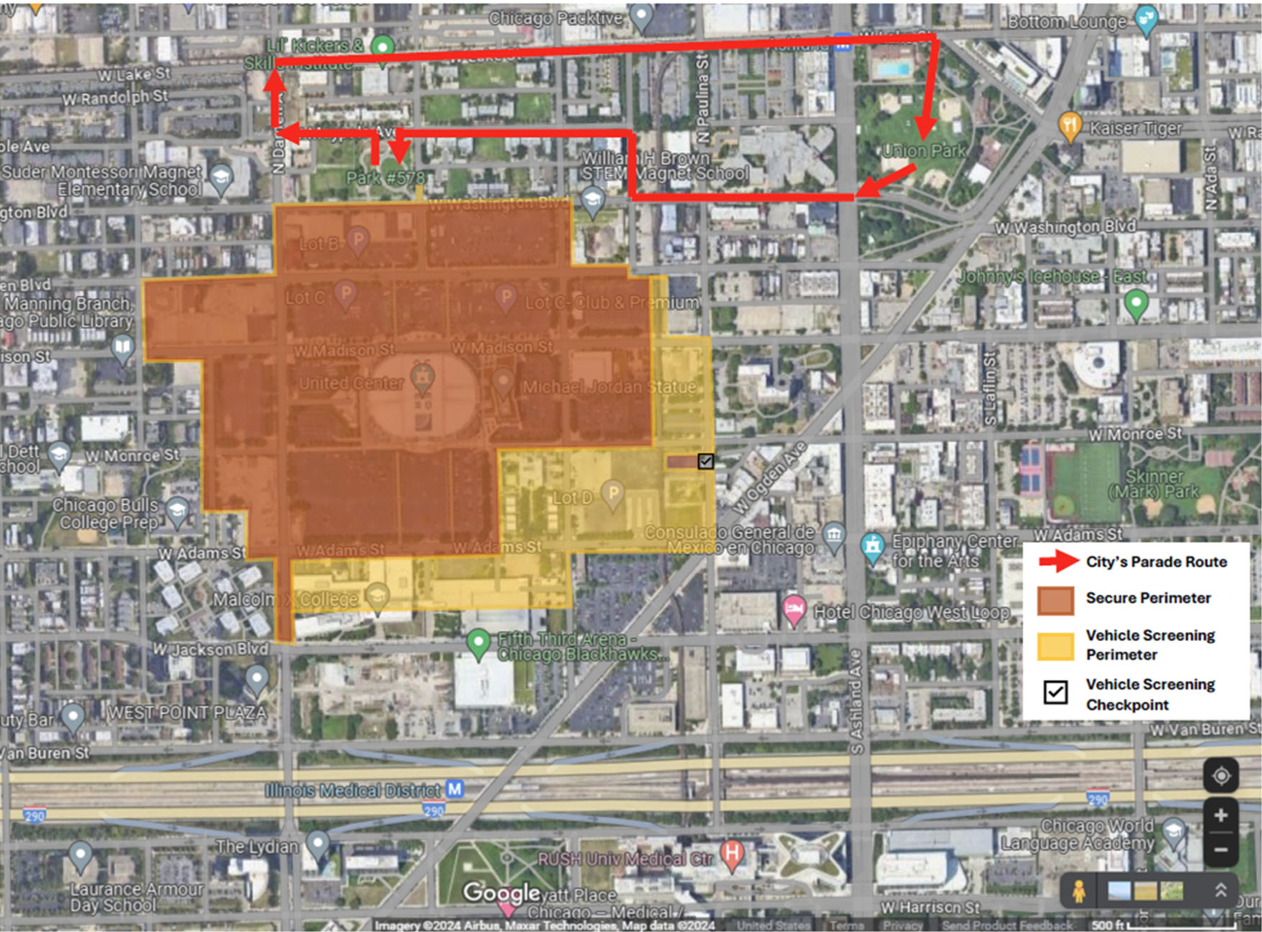 The alternative march route proposed by Chicago officials for pro-Palestine protesters who want to march closer to the DNC at the city’s United Center