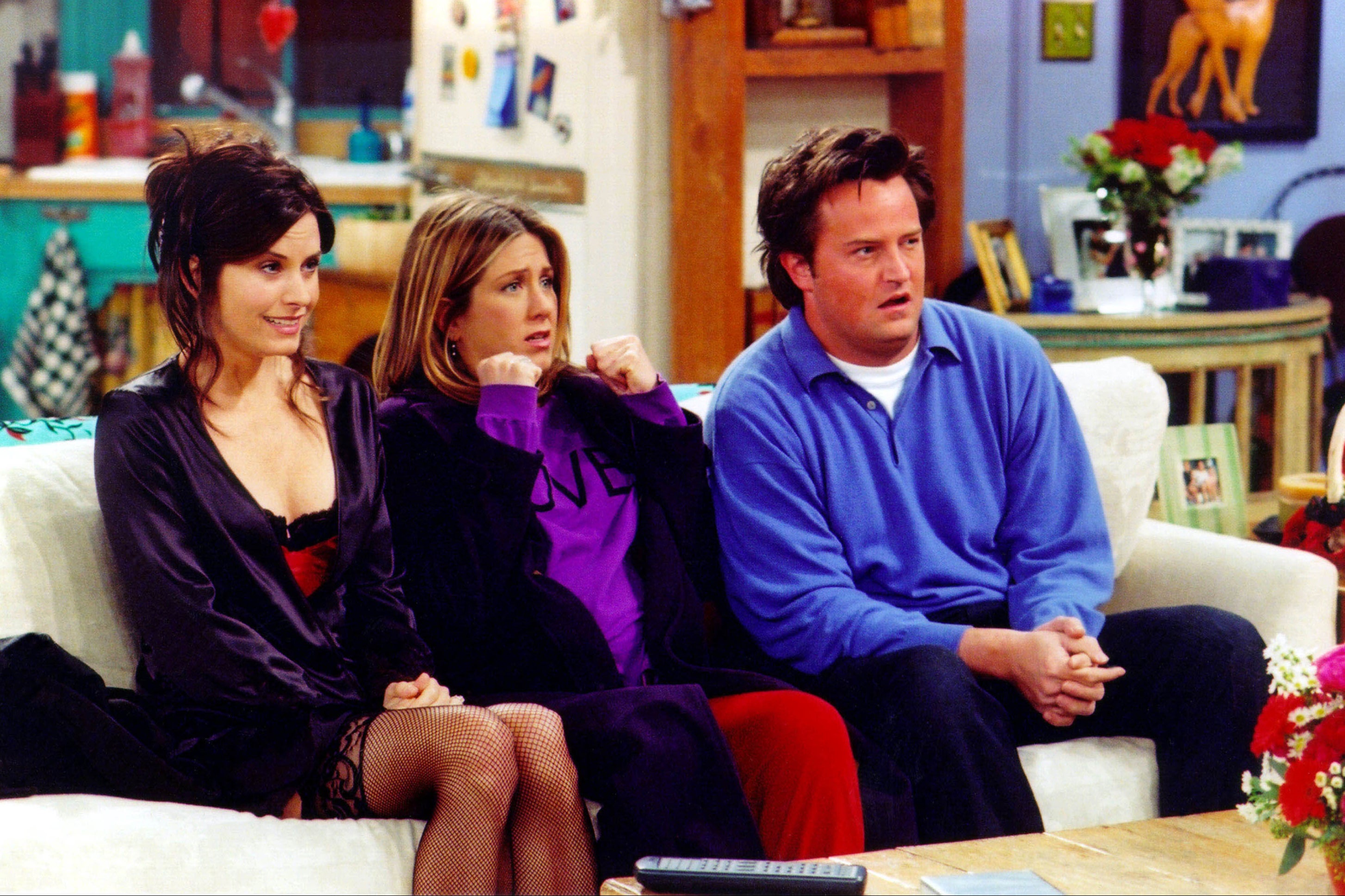 Perry, pictured with co-stars Courteney Cox and Jennifer Aniston, was best known for his role as Chandler Bing