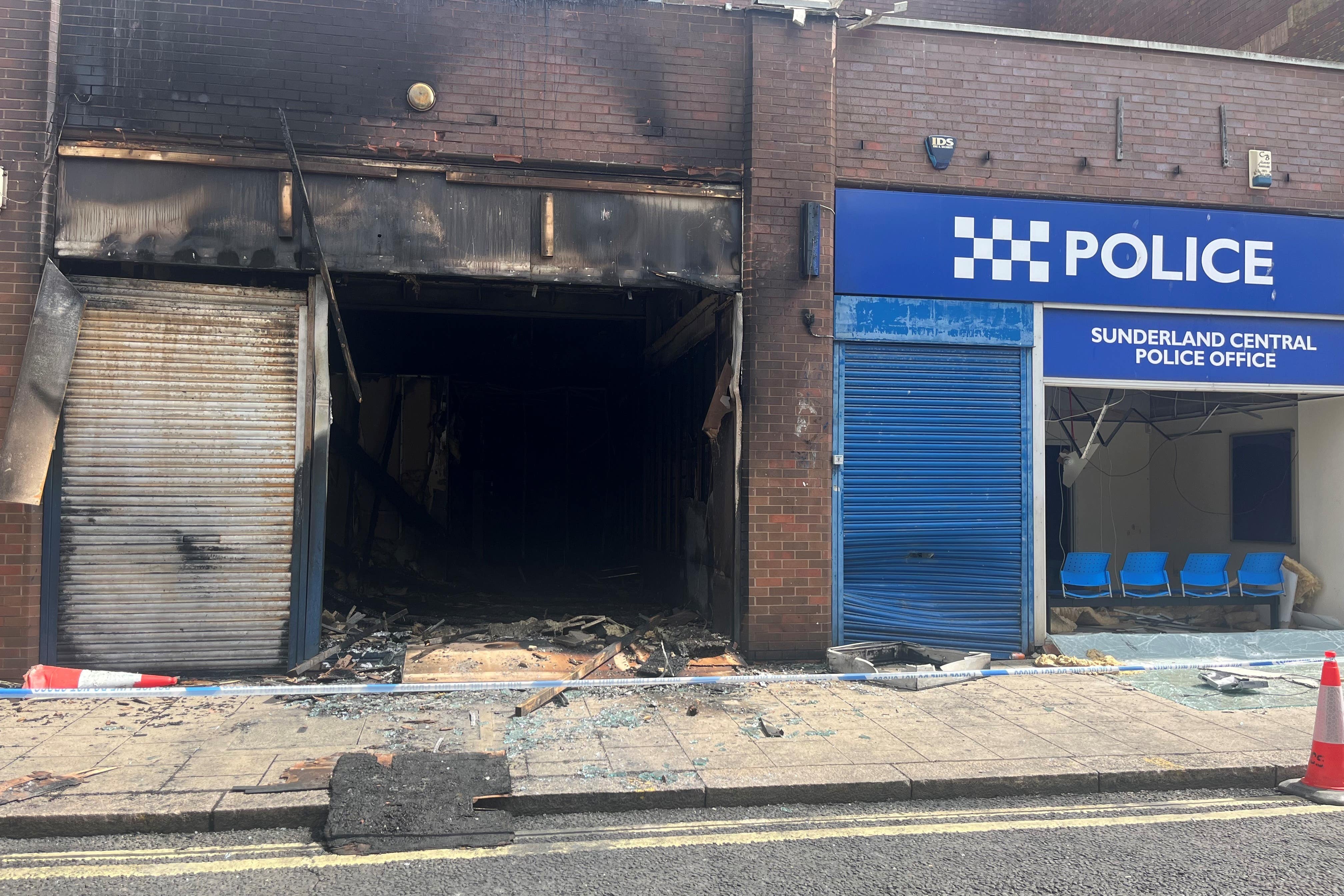 A fire-damaged Citizen’s Advice Bureau office following riots in Sunderland (Tom Wilkinson/PA)