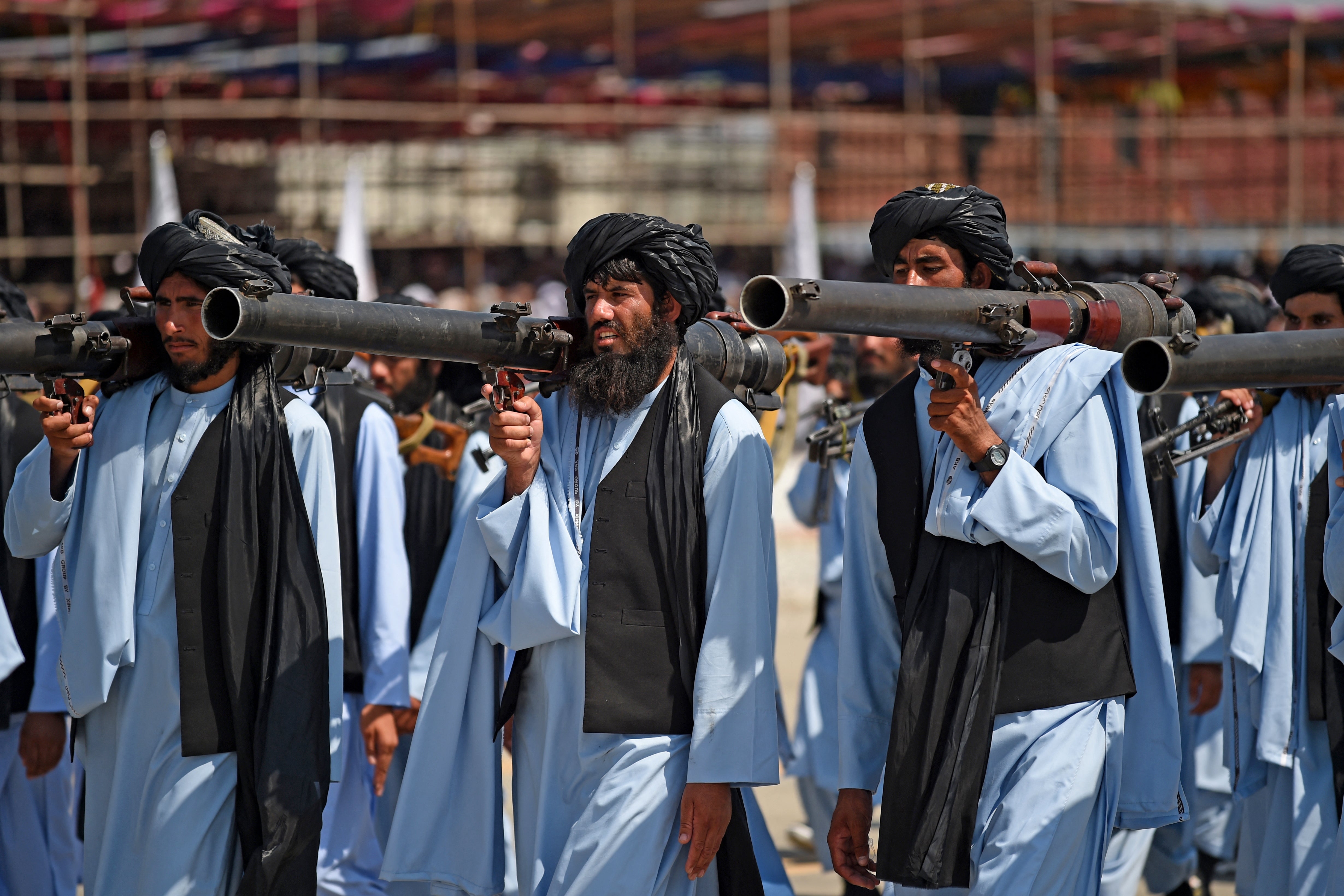 Taliban security personnel take part in a military parade at the former US Bagram Air Base in Parwan province