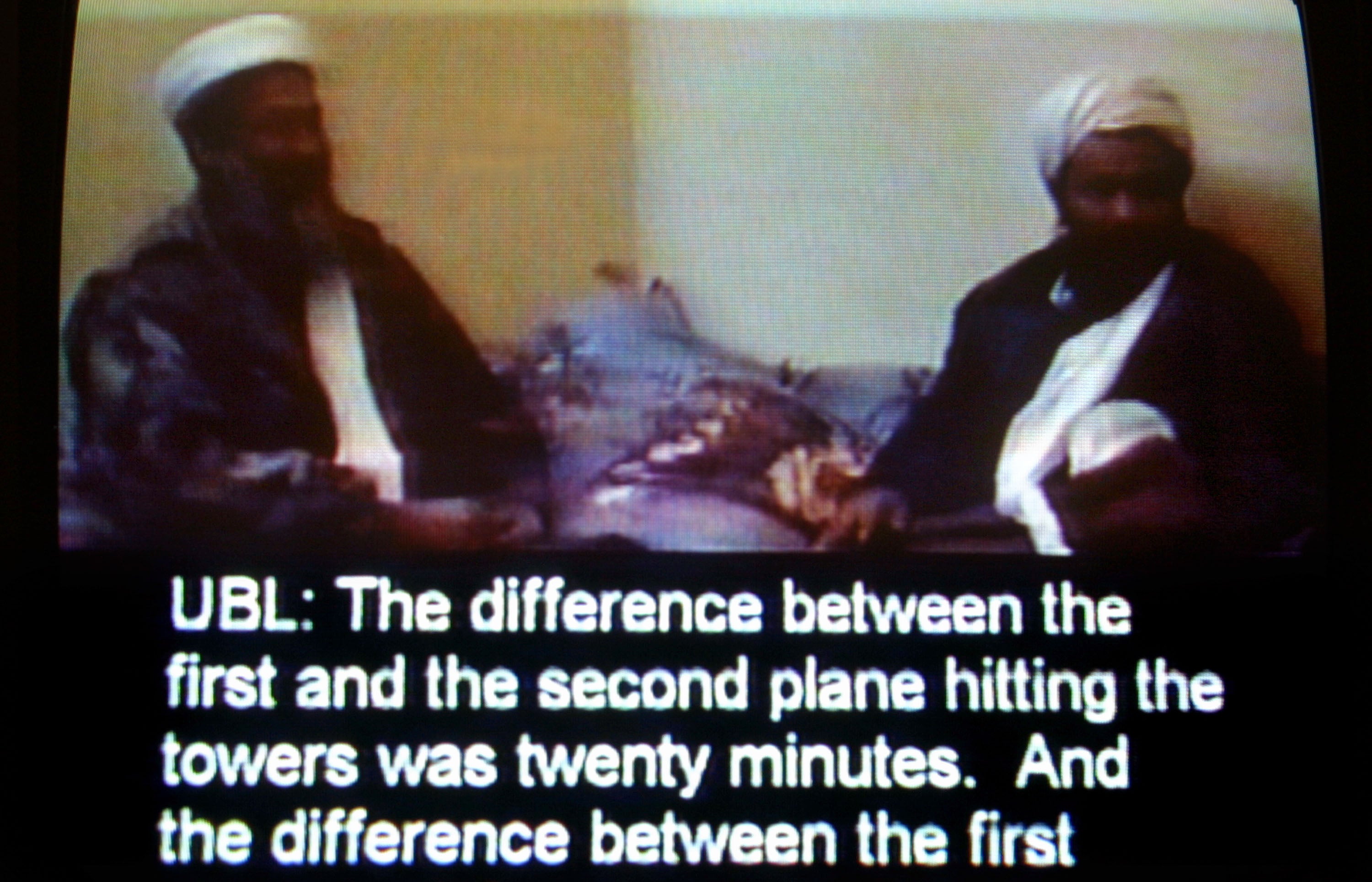 The Osama bin Laden tape is broadcast in Britain December 13, 2001 after released by the Pentagon. The tape, which has been translated by Arabic scholars, shows Bin Laden describing the World Trade Center attack and appears to confirm his role in the terroristic attacks in the United States.