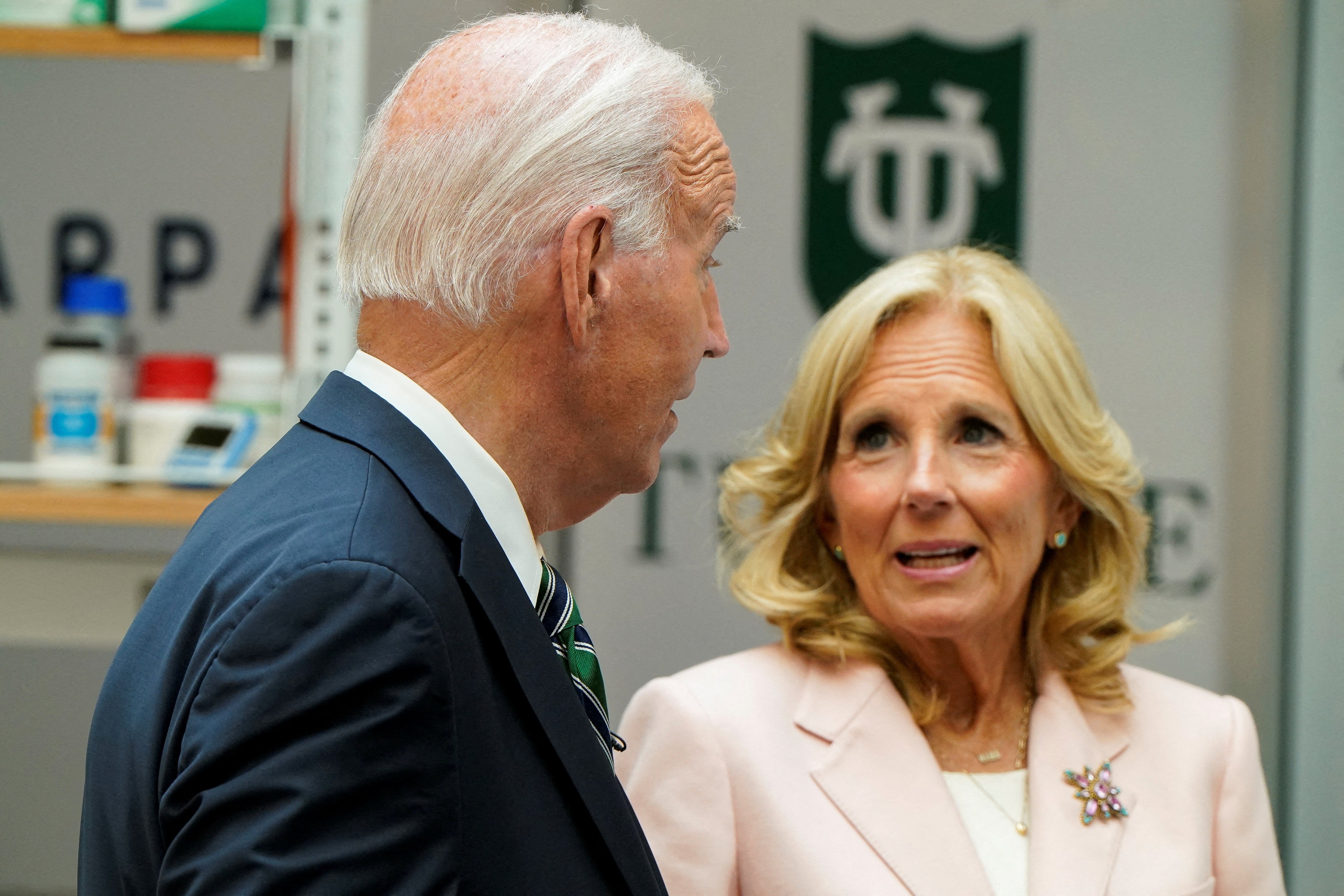 President Joe Biden and first lady Jill Biden talking during an event at Tulane University in New Orleans, Louisiana on August 13, 2024.