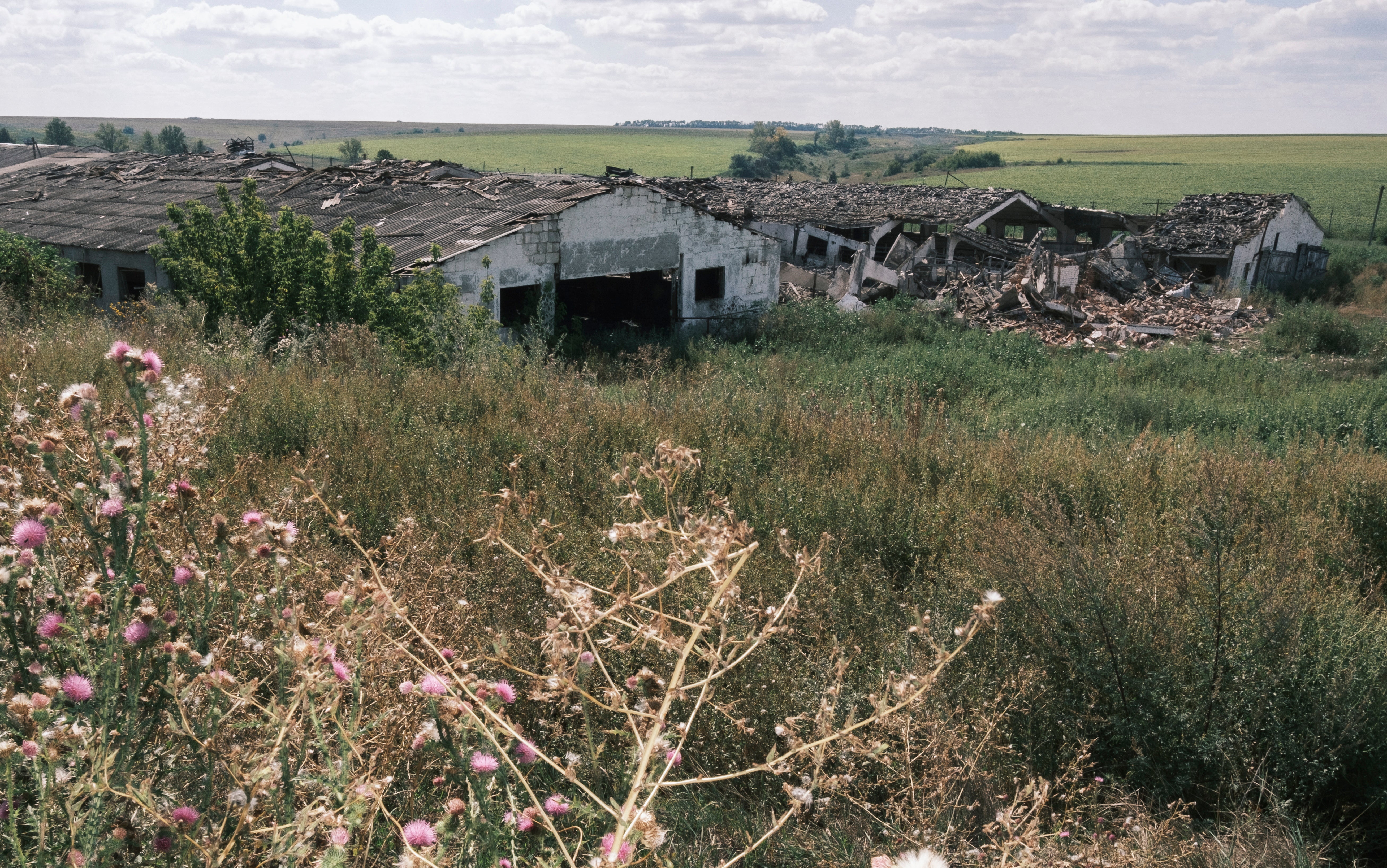 damaged farm building in a village not far from the Ukraine - Russian border in the Kursk direction of the Sumy region