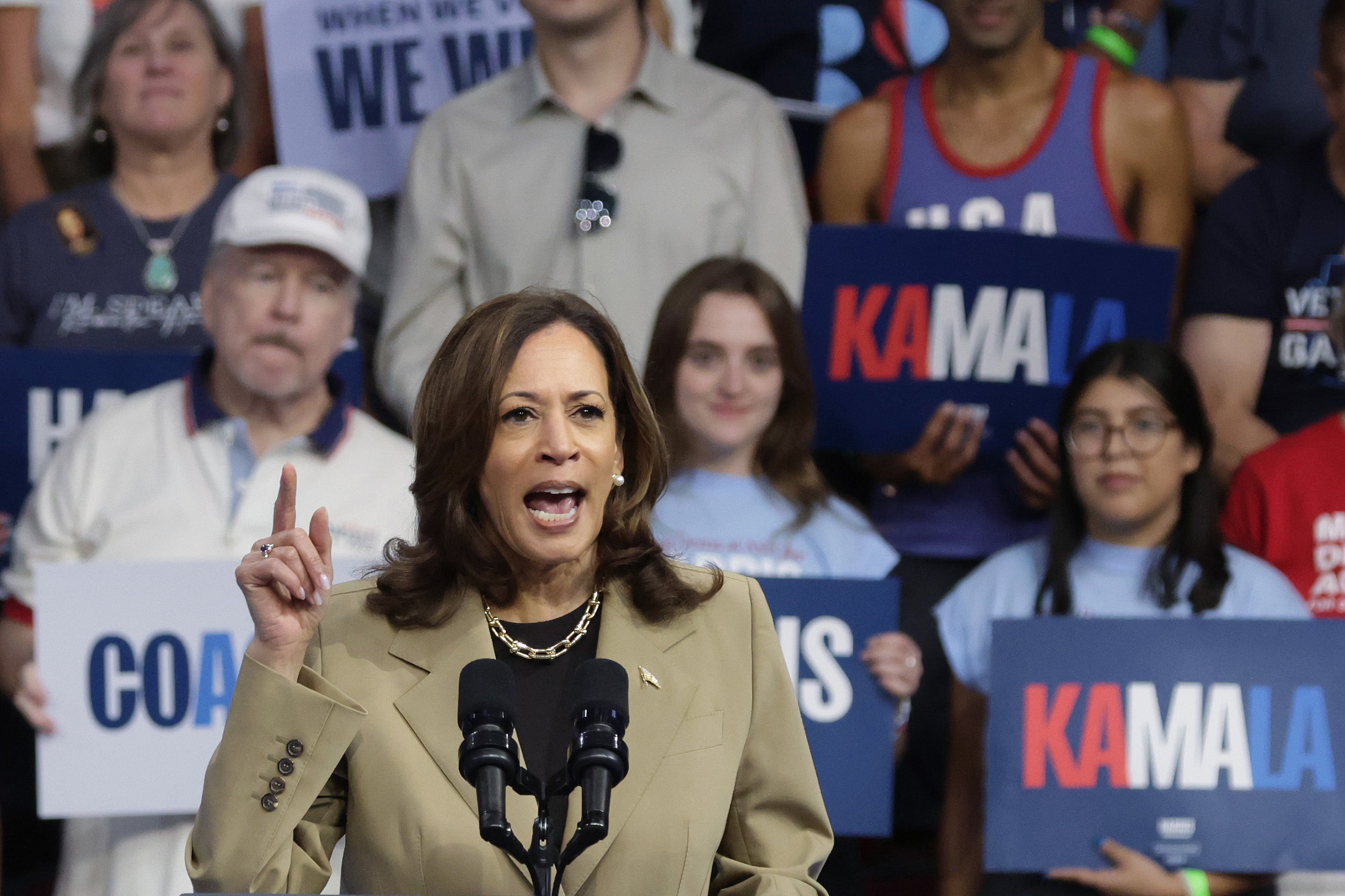 Democratic presidential candidate Vice President Kamala Harris speaks during a campaign rally at Desert Diamond Arena on August 9, in Glendale, Arizona. Her team released their economic policy plans on Friday