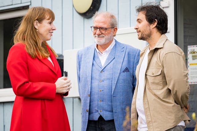 Deputy Prime Minister Angela Rayner with Ewan Aitken, chief executive of Cyrenians and Josh Littlejohn, founder of Social Bite (Social Bite/PA)