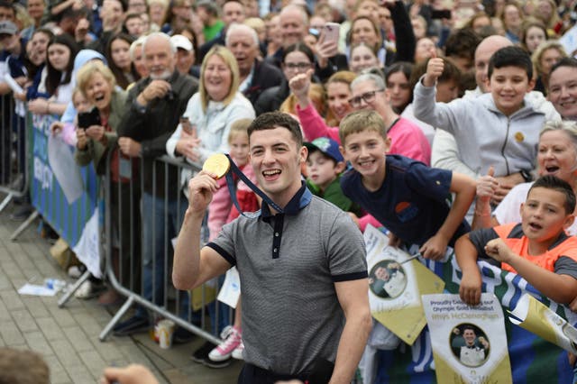 <p>Olympic gold medallist Rhys McClenaghan, who won gold for Ireland in gymnastics during a homecoming celebration in Newtownards, County Down, Northern Ireland. (Mark Marlow/PA)</p>