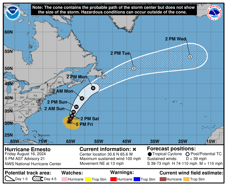 Hurricane Ernesto's projected path as of Friday night. The Category 2 storm is expected to hit Bermuda on Saturday.