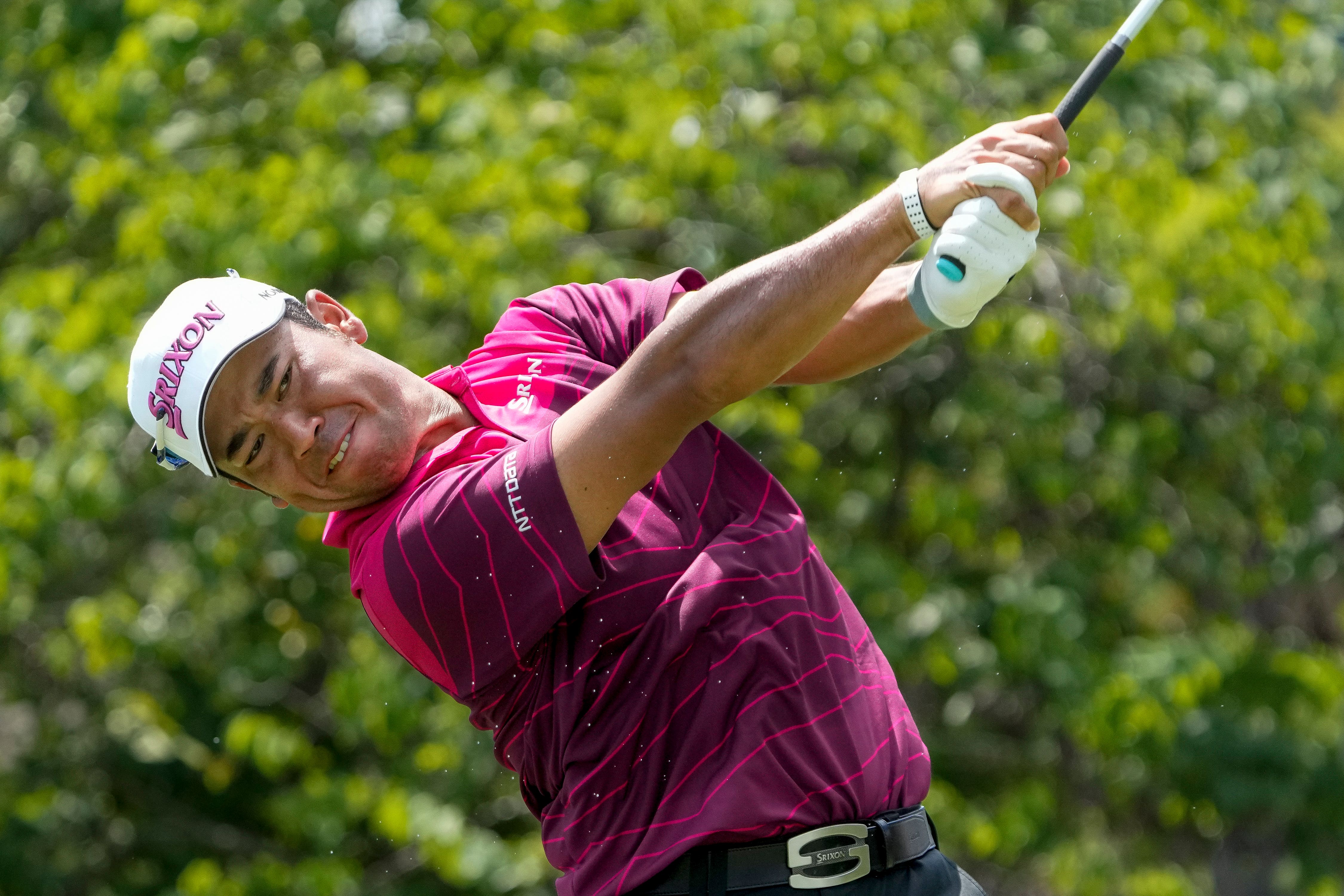 Hideki Matsuyama, of Japan, hits from the 18th tee during the second round (Mark Humphrey/AP)