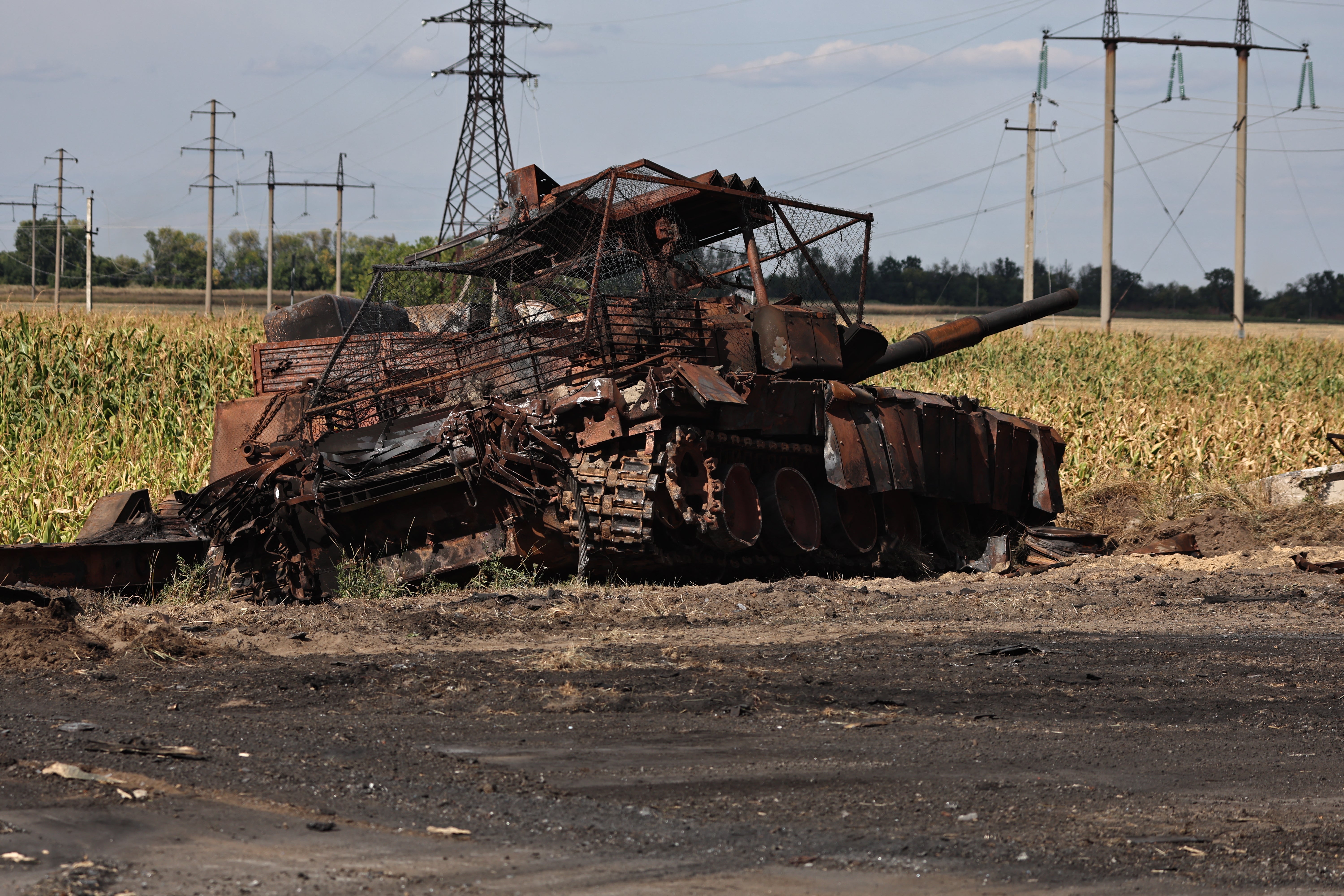 Photograph taken on 16 August, 2024, during a media tour organised by Ukraine, shows a destroyed Russian tank outside Ukrainian-controlled Russian town of Sudzha, Kursk region