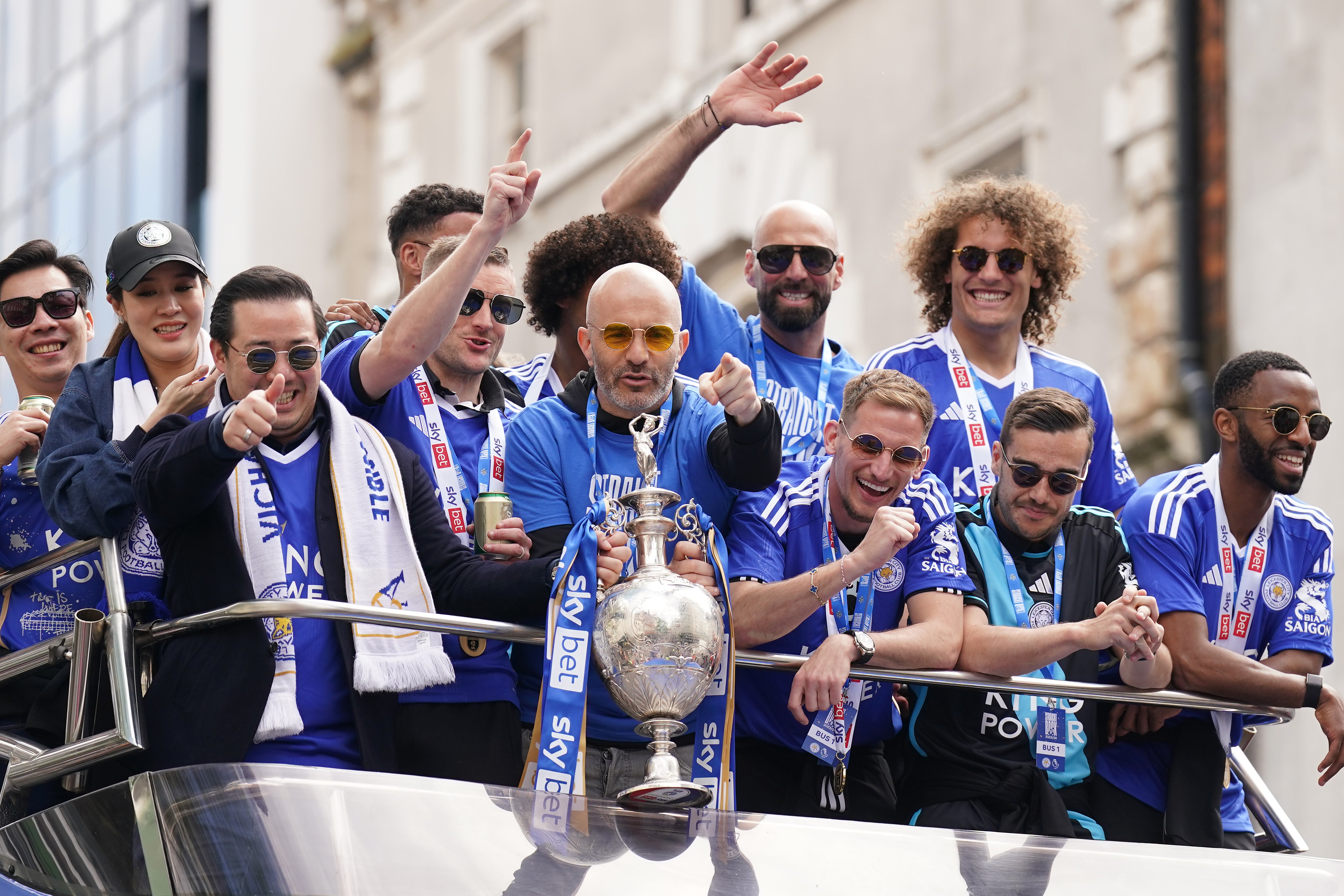 Enzo Maresca (holding trophy) guided Leicester straight back to the Premier League last season (Joe Giddens/PA)