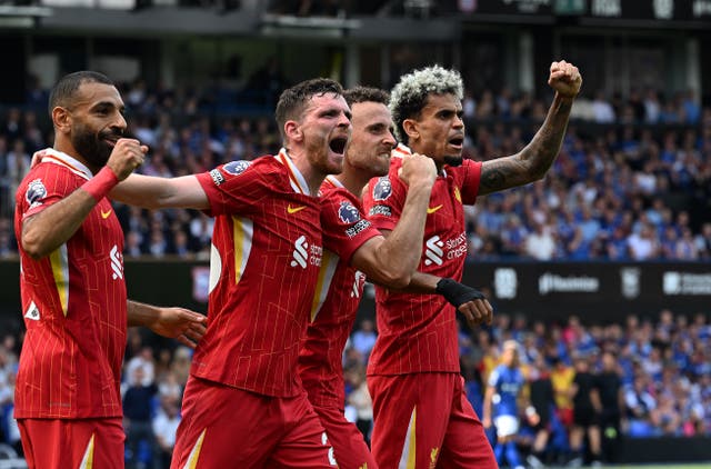 <p>Diogo Jota of Liverpool celebrates after scoring the opening goal during the Premier League match between Ipswich Town</p>