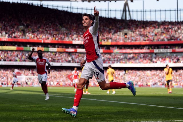 Arsenal’s Kai Havertz celebrates the opening goal against Wolves (Adam Davy/PA).