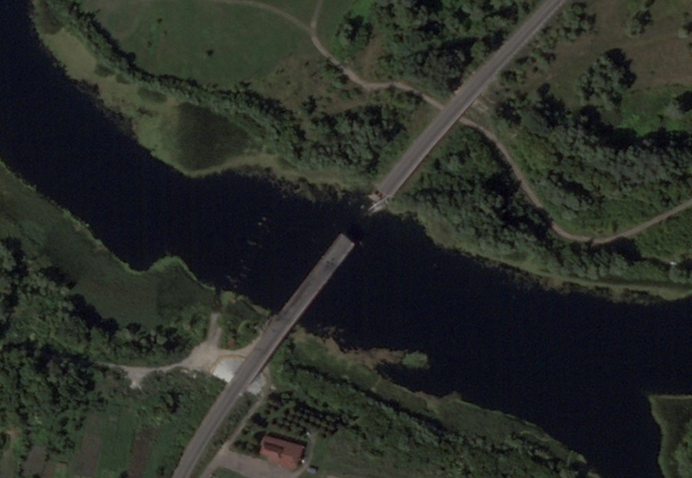 A satellite image shows a bridge collapsed over the Seym river in the Glushkovo district following a Ukrainian strike