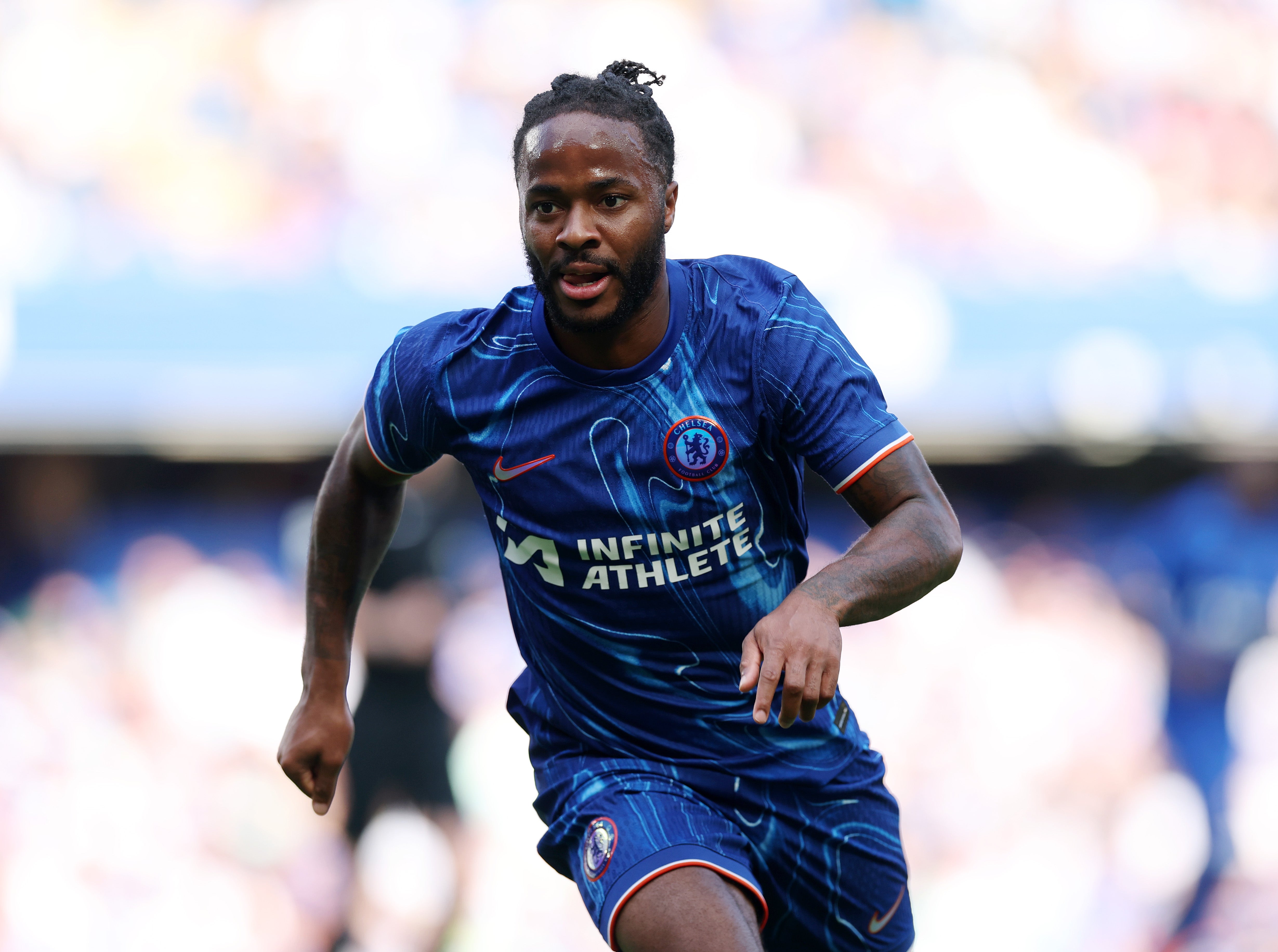 Raheem Sterling in action during a pre-season friendly match against Internazionale at Stamford Bridge